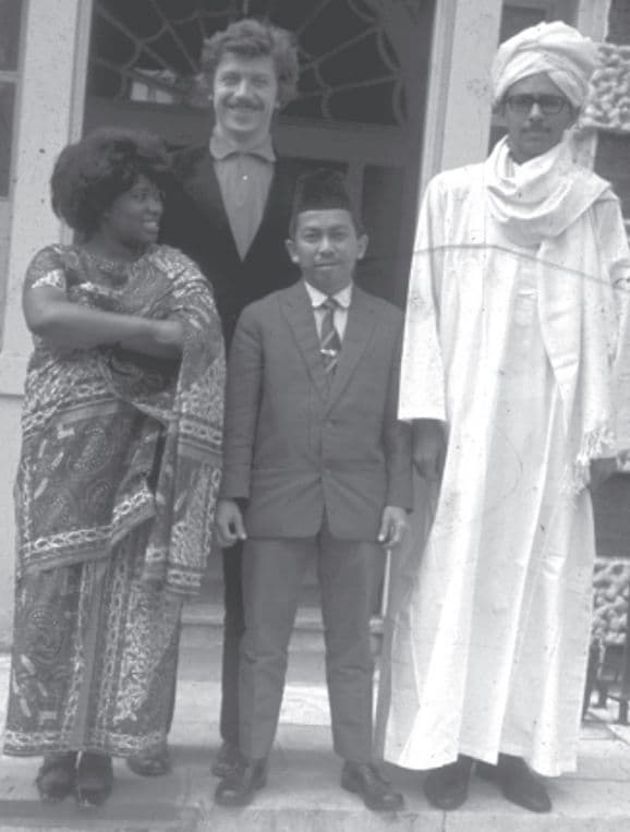 Photograph of E.V.E. Adebayo,  Hartmut Schmetzer, Winant Rooskander and Tagelsir Tambal (left to right), on the steps of the Architectural Association, Bedford Square, London. AA Archives