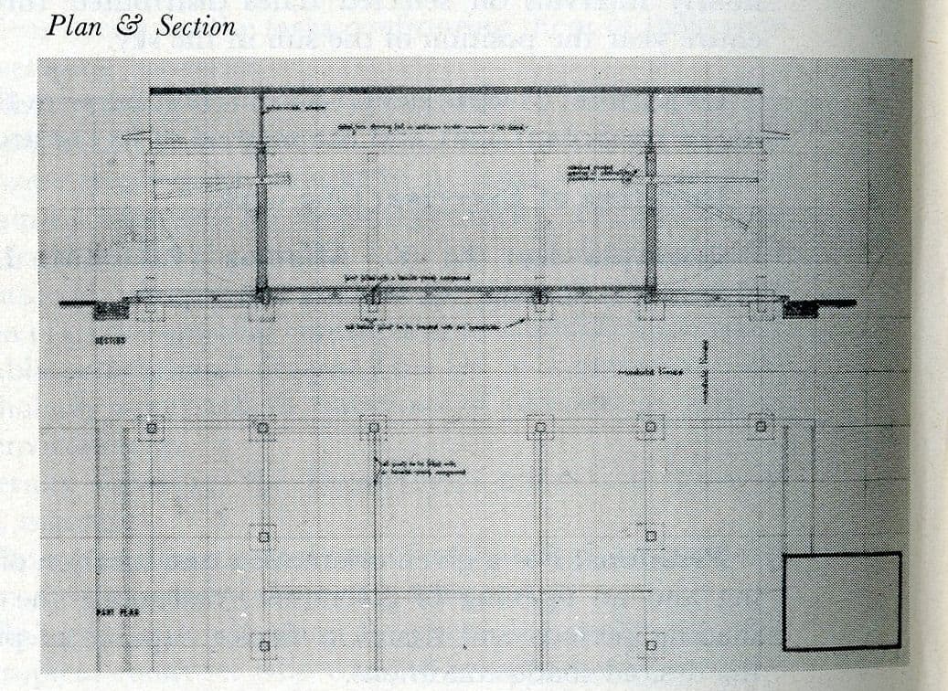 Architectural blueprint showing plan and section views of a building's structural layout.