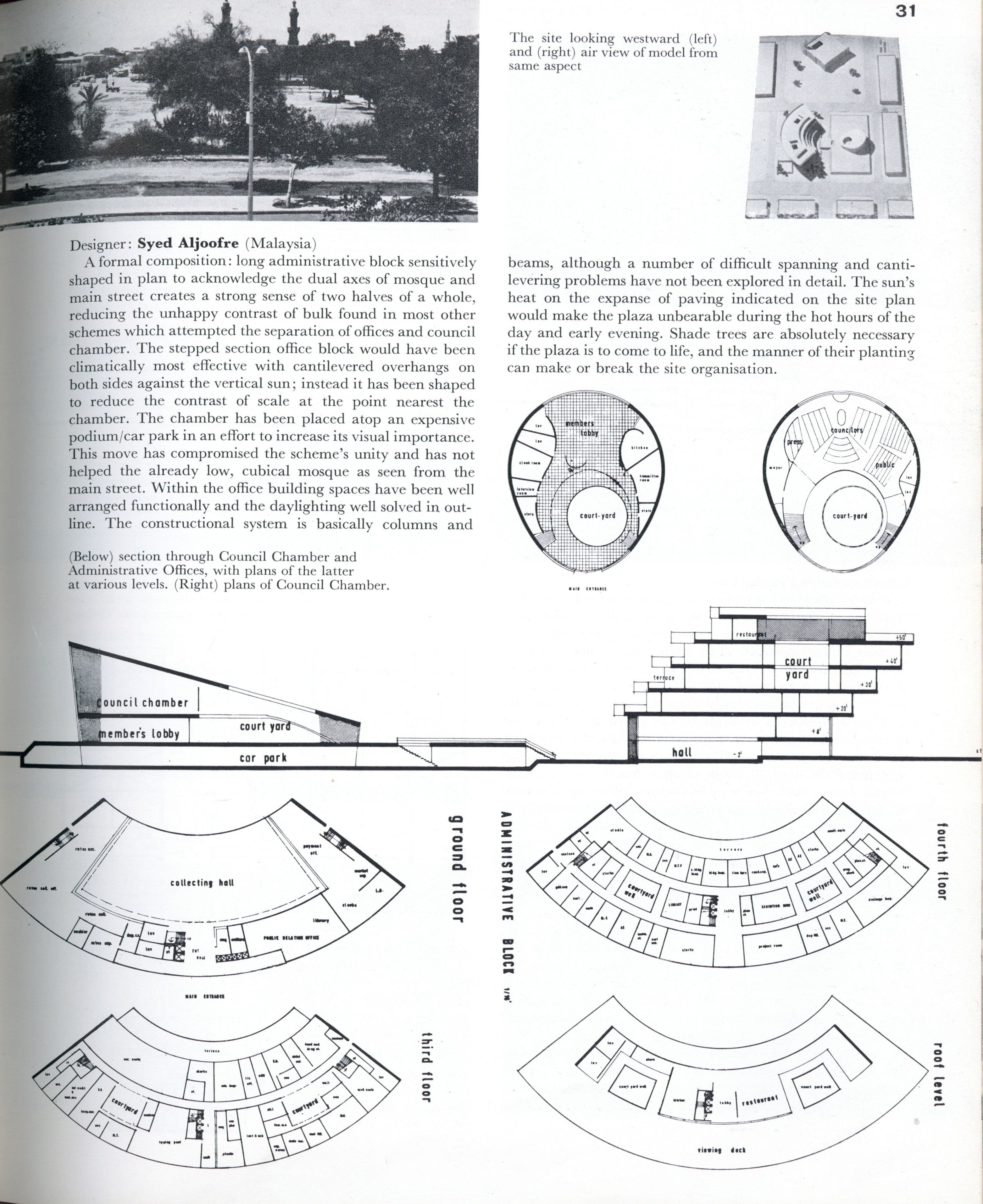 A detailed page displaying architectural plans, cross-sections, and a photo of modern curved structures.