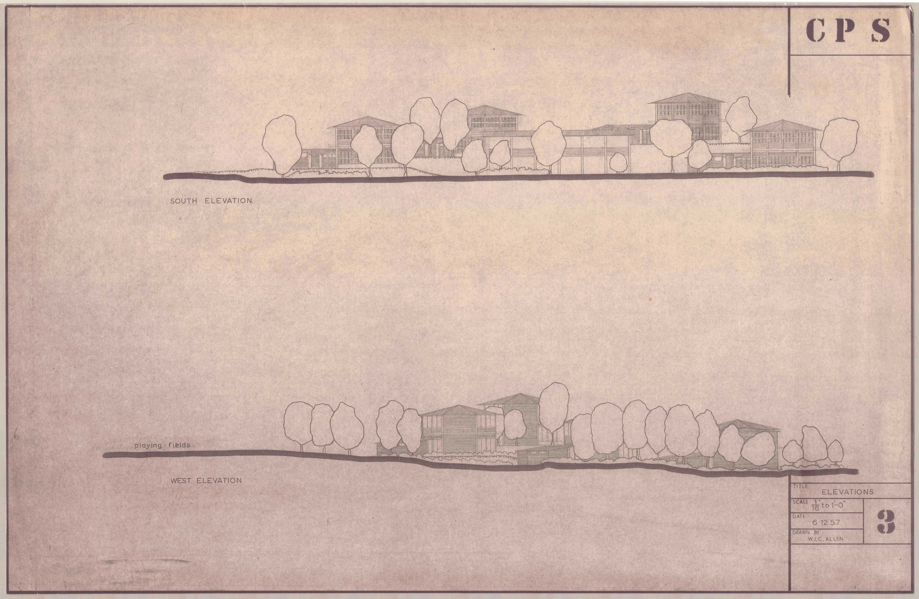 Architectural drawing showing two elevations of buildings nestled within a line of trees.