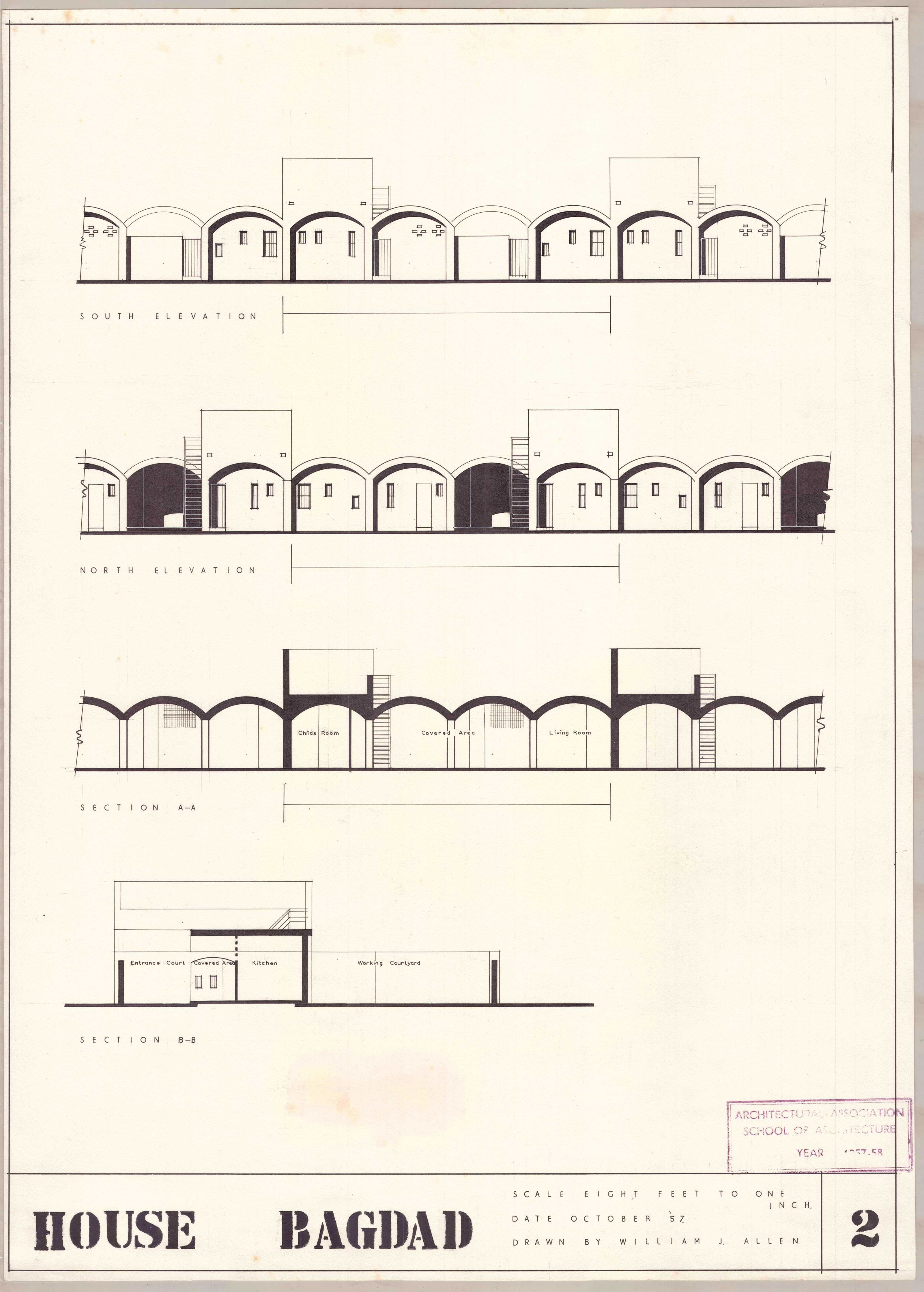 Architectural drawing of a house in Baghdad showing arched doorways and interior spaces.