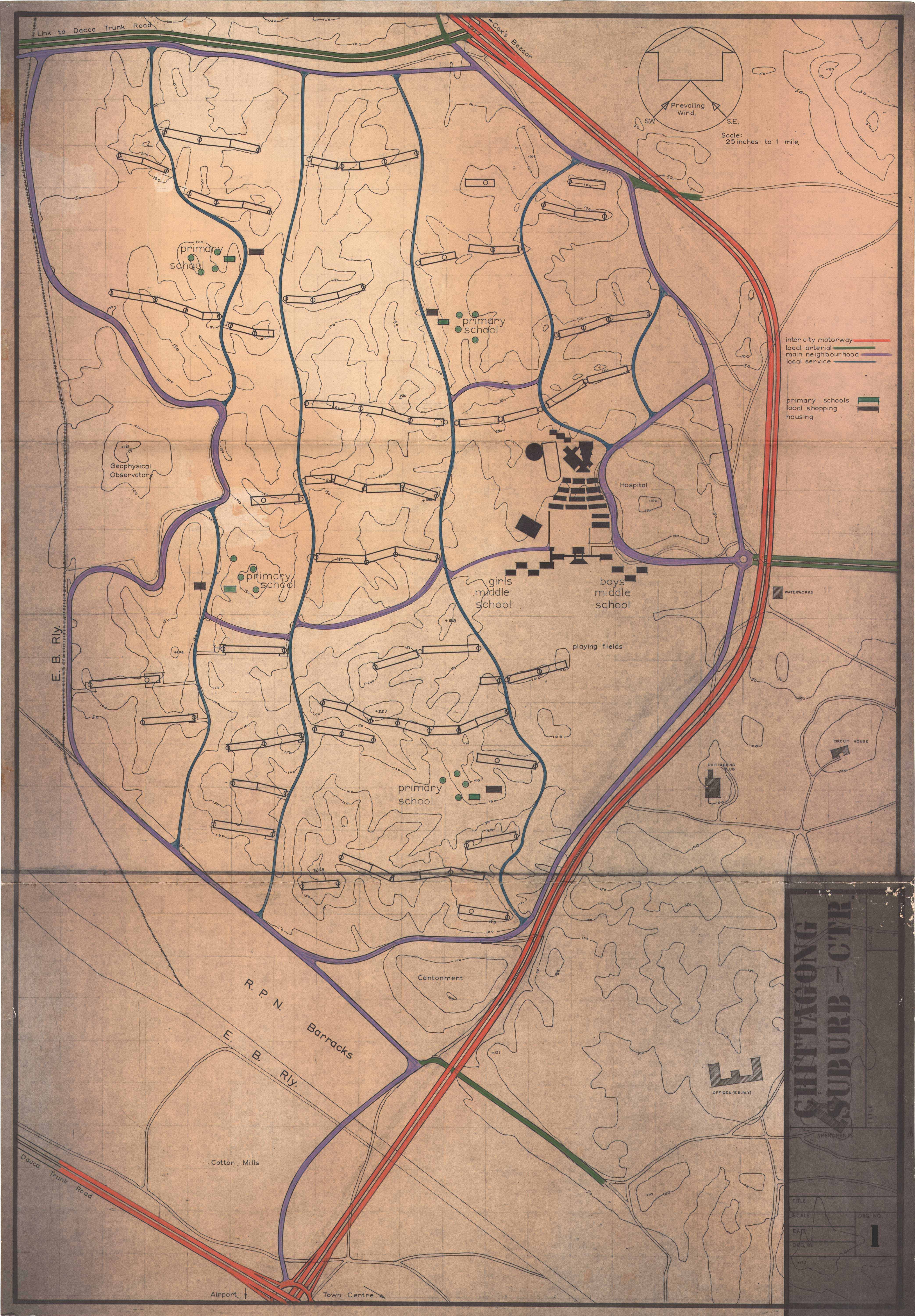 Antique map showing a walled settlement divided into several sections with roads and buildings.