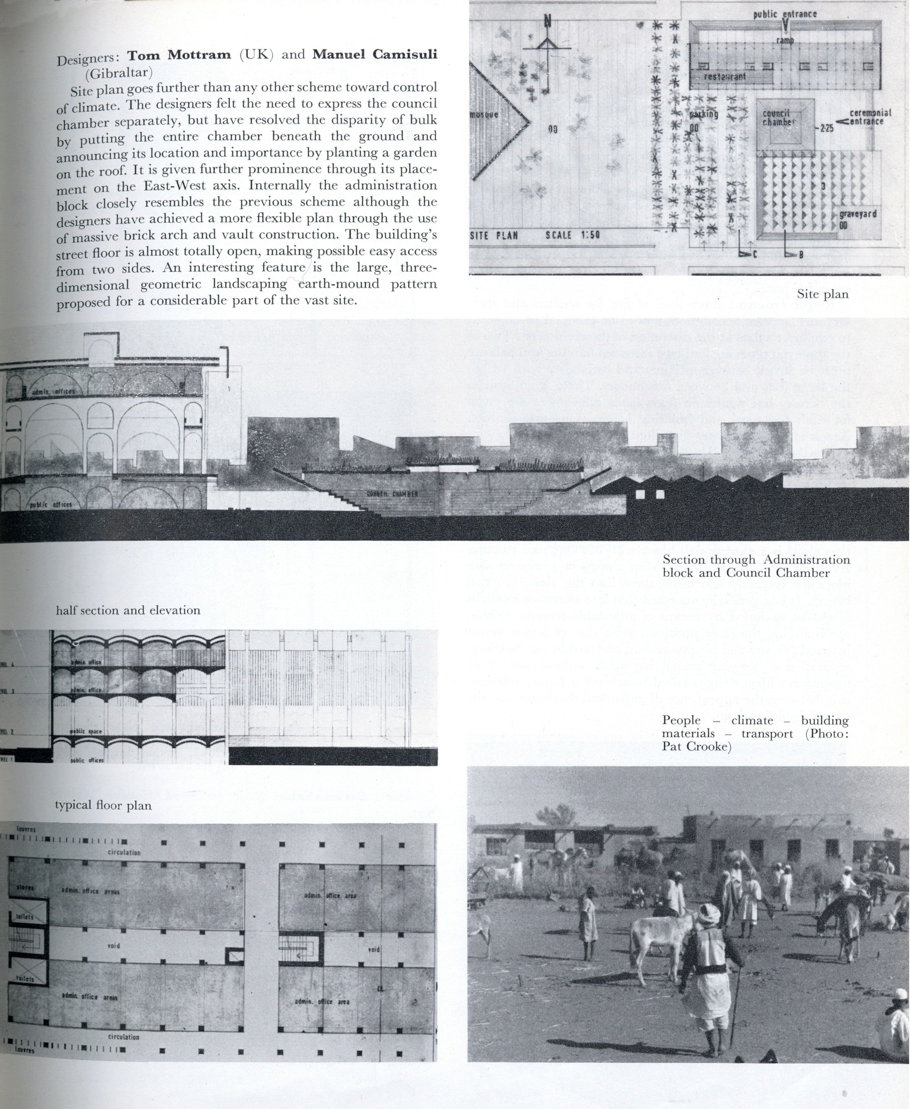 A page featuring architectural plans, elevations, and a black and white photograph of people.
