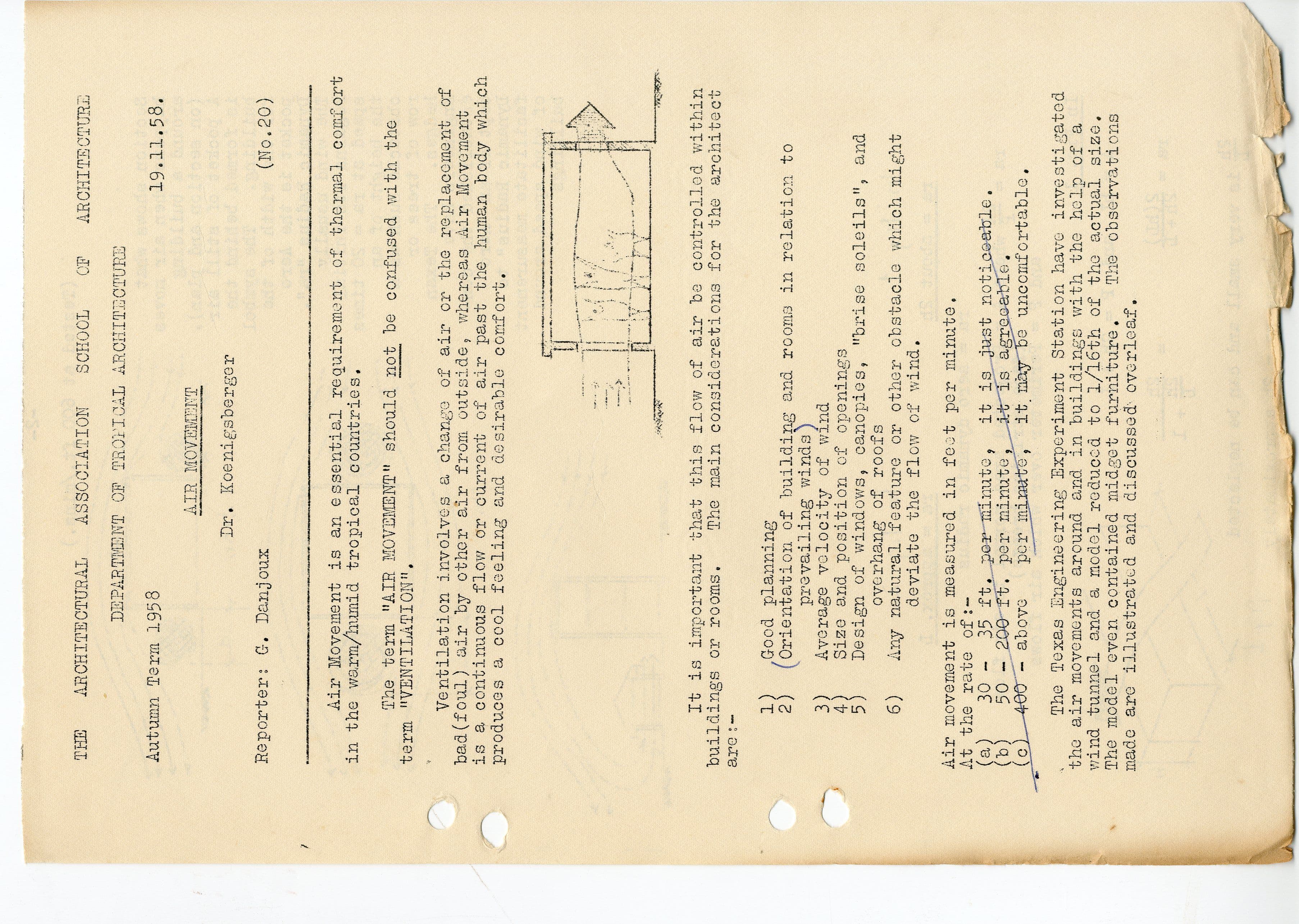 Faded, yellowed document page with typed text and a small architectural diagram.