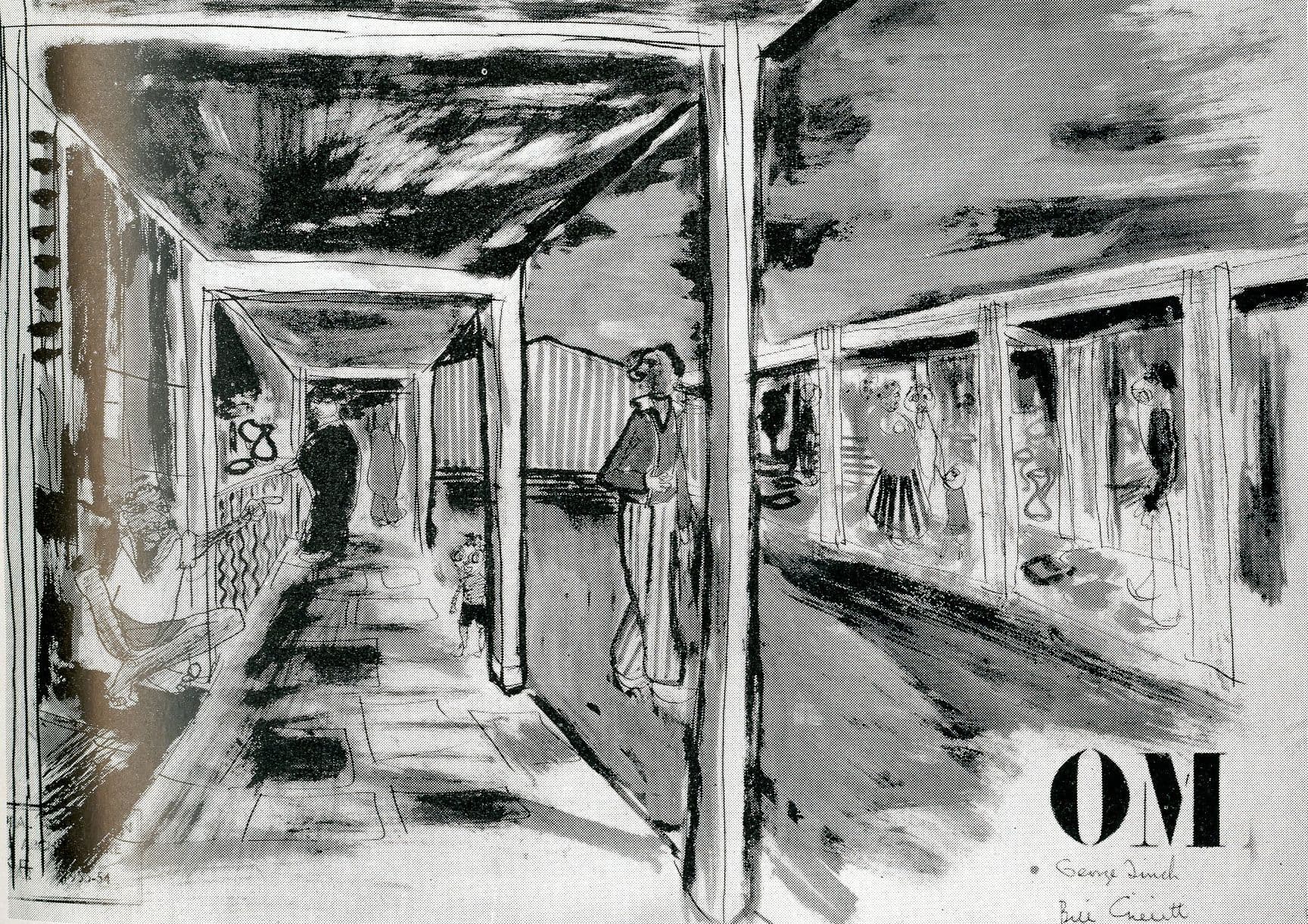 William Gillitt and George Finch, 'Onitsha Market', AA Department of Tropical Architecture, Autumn  Term, 1954. Perspective view. AA Archives.