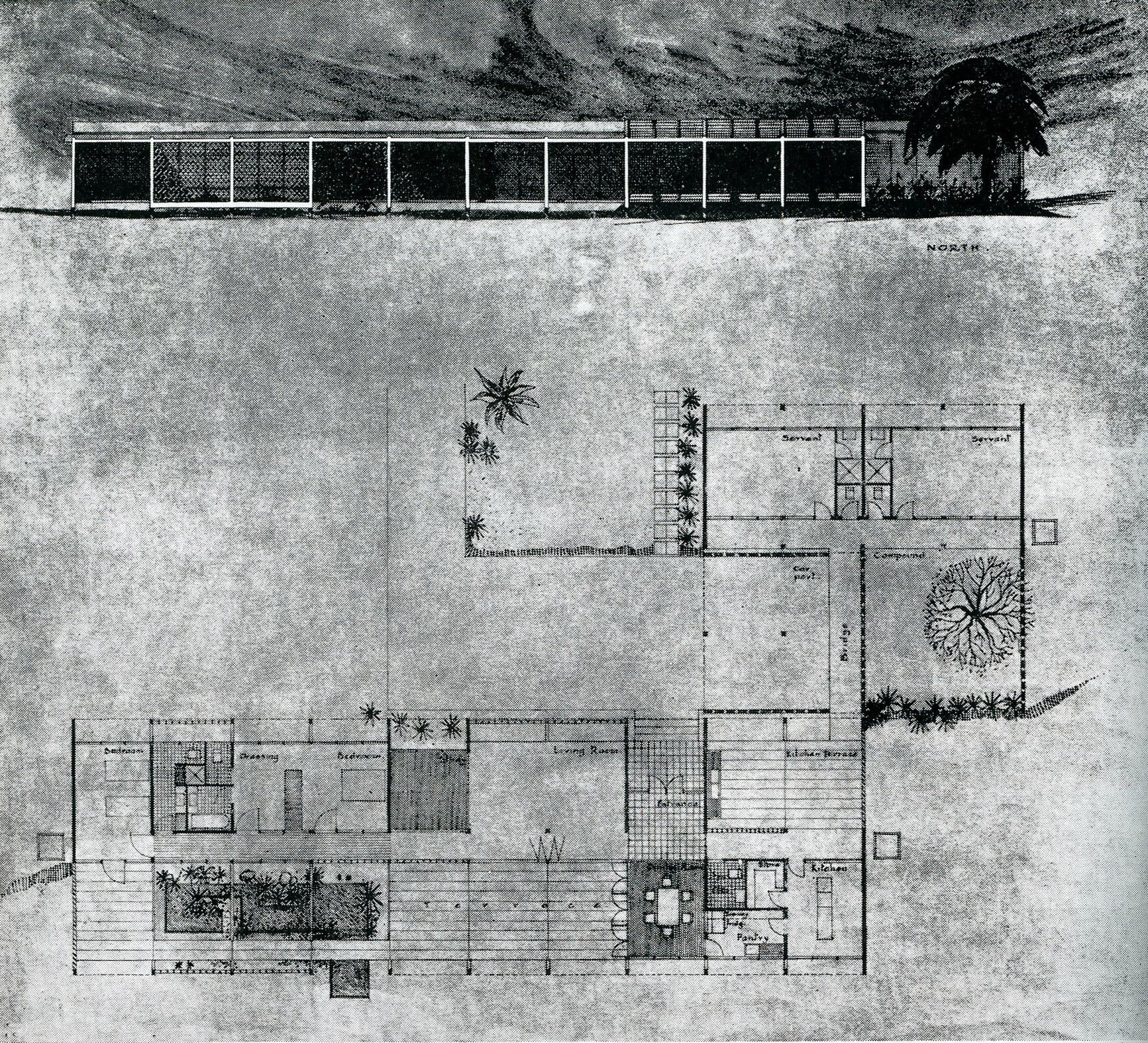 William Gillitt, 'House for a senior officer, Gold Coast,' AA Department of Tropical Architecture, Autumn  Term, 1954. Elevation and plan. AA Archives
