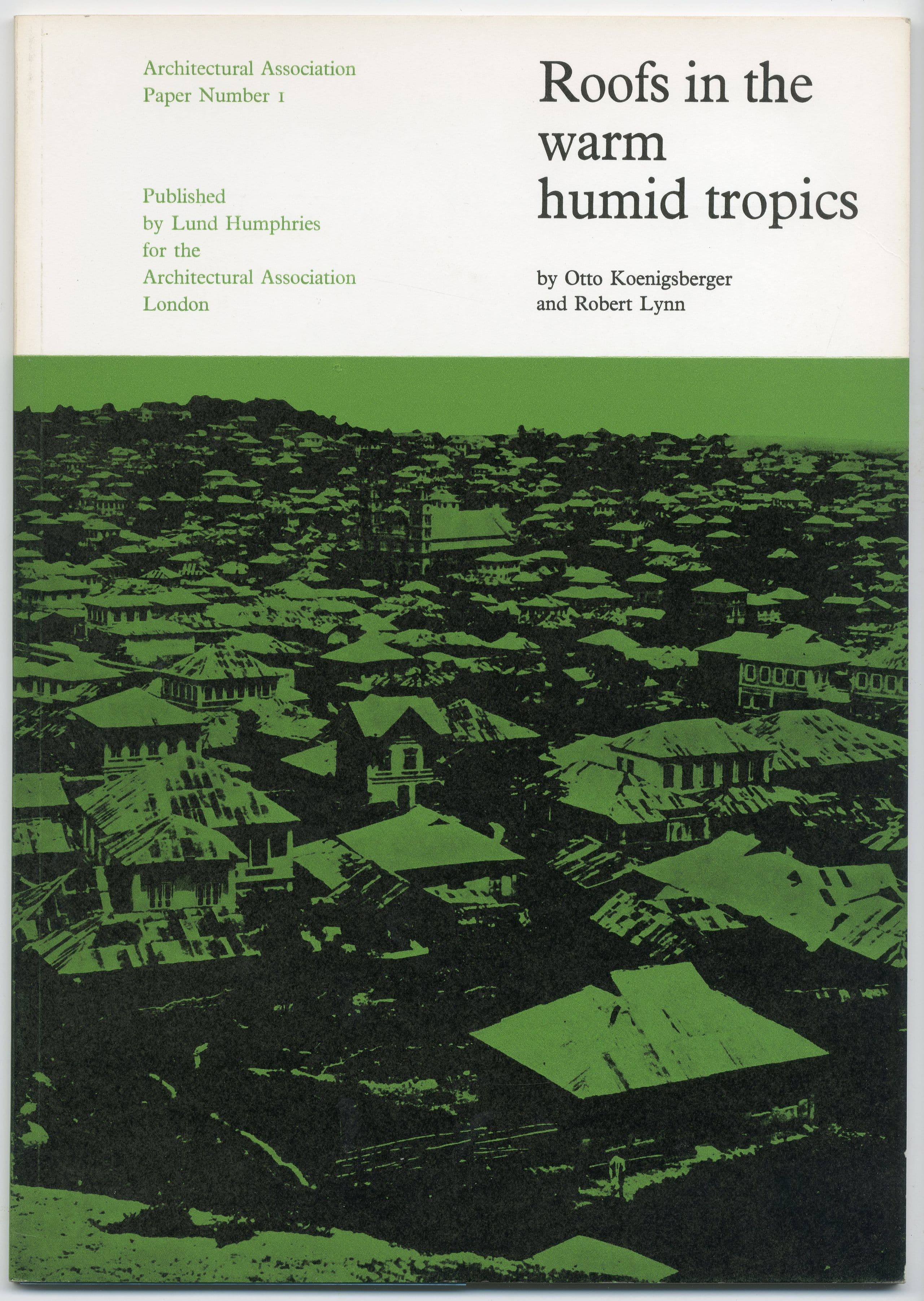 Book cover for 'Roofs in the warm humid tropics' shows dense housing with green roofs.