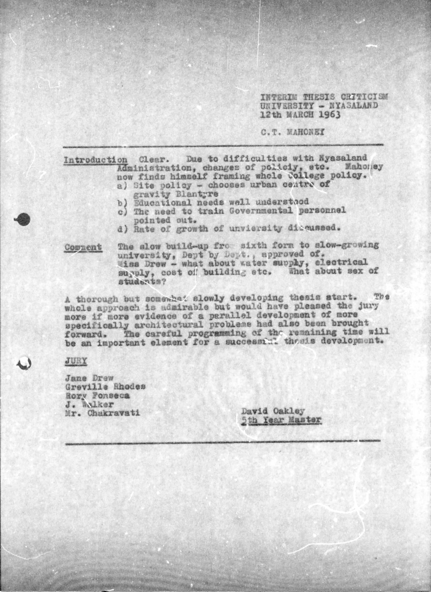 Interim Thesis Criticism, Carl Mahoney, 'University, Nyasaland', 12th March, 1963. AA Archives