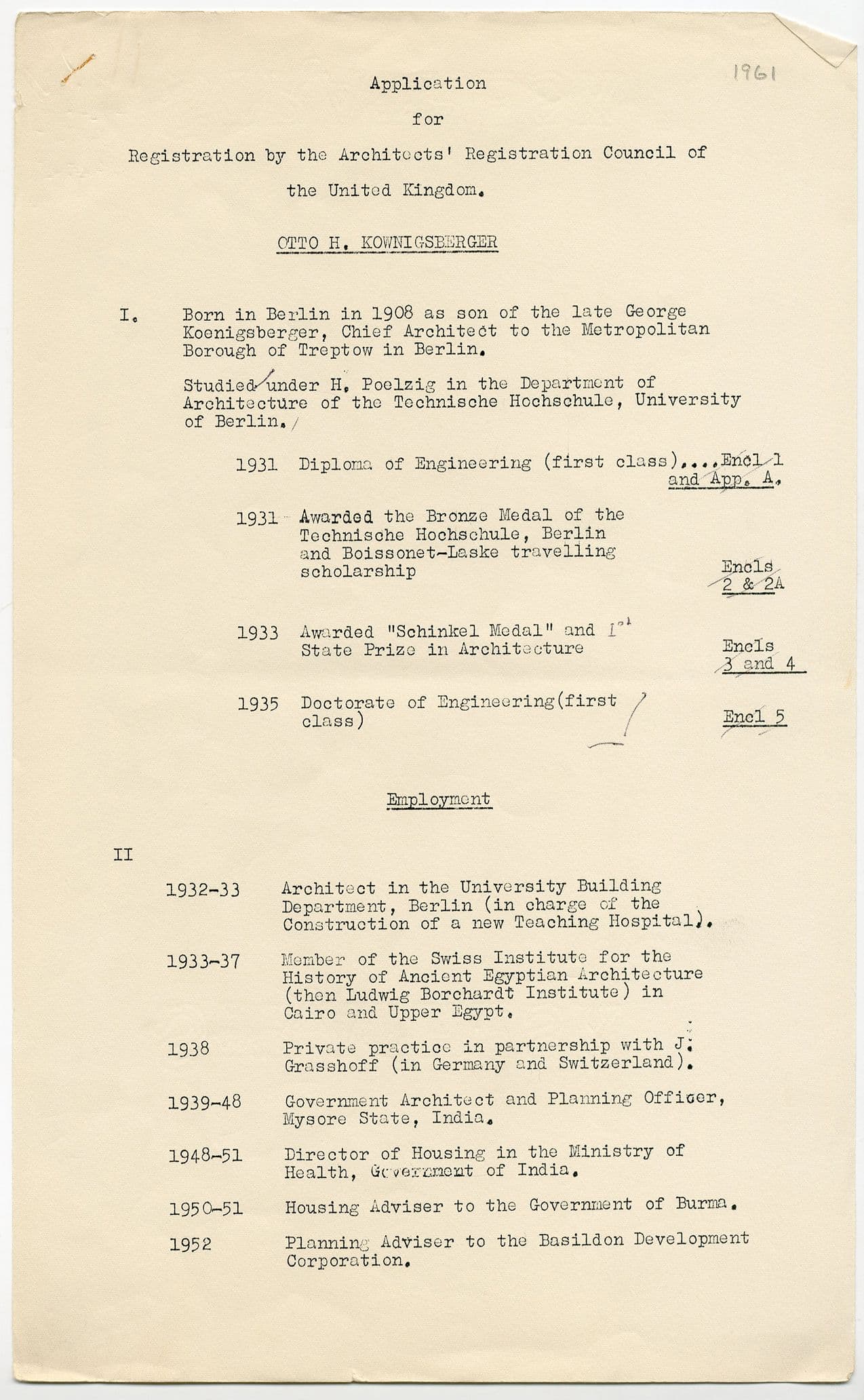 Otto Koenigsberger. Architects' Registration Council Application Form, Otto Koenigsberger, 1961. Credit: AA Archives: OK4