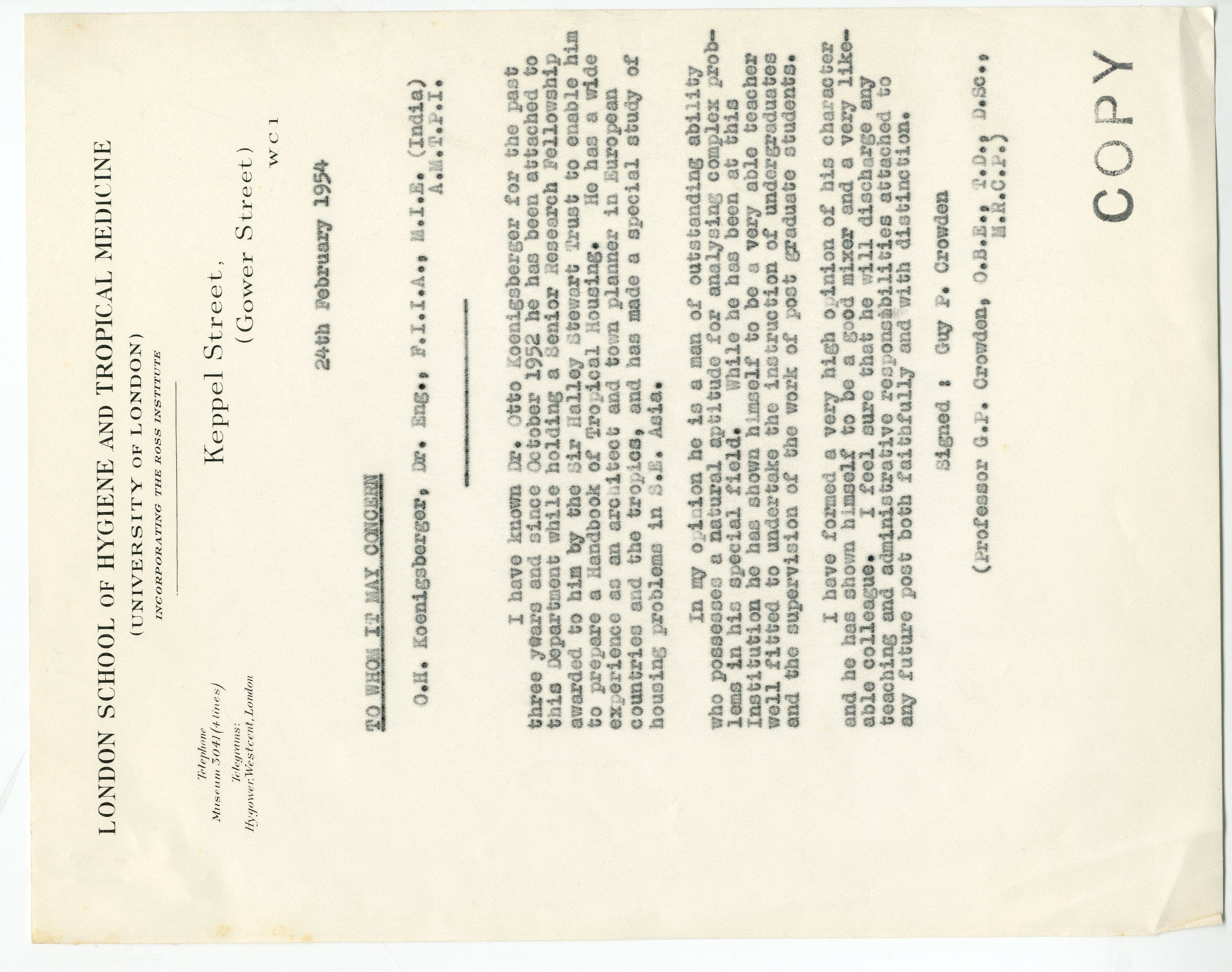 Otto Koenigsberger. Letter of reference for Otto Koenigsberger from Professor Guy Crowden, 1954. Credit: AA Archives: OK4