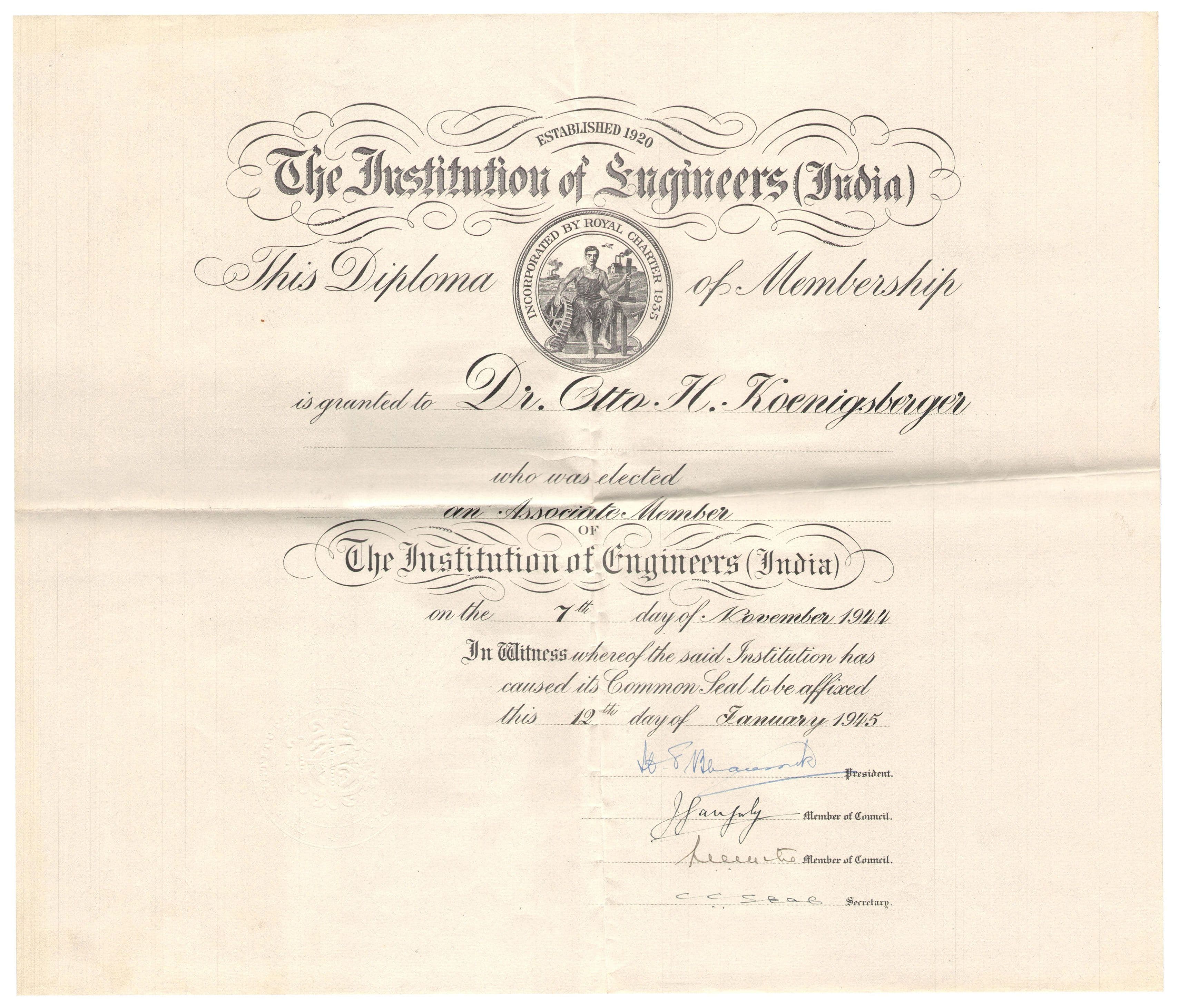 Otto Koenigsberger. Otto Koenigsberger's certificate for Associate Membership of Institute of Engineers (India), 1945. Credit: AA Archives: OK4