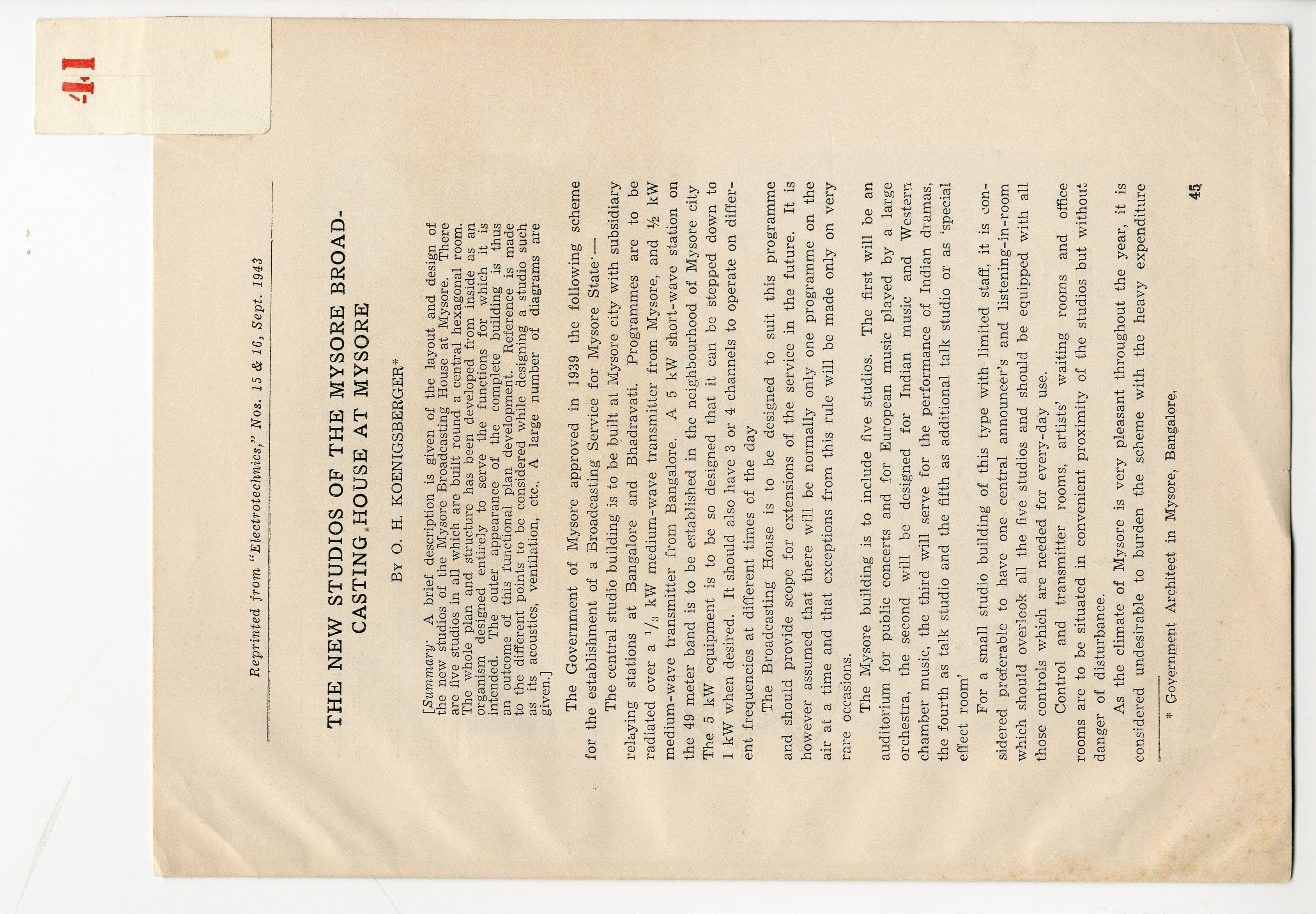 Otto Koenigsberger. 'The New Studios of the Mysore Broadcasting House at Mysore' by Otto Koenigsberger, reprinted from "Electrotechnics", Nos. 15 and 16, September, 1943, pp.45-50. Credit: AA Archives: OK6