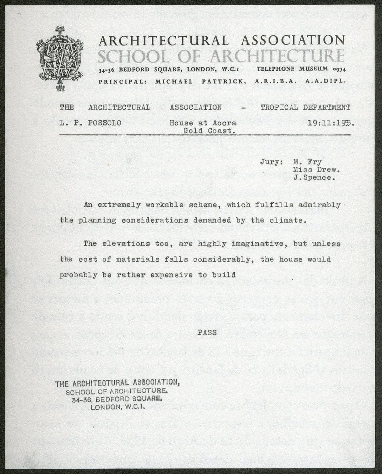 Jury Report for Luis Possolo's 'House on Gold Coast, Accra' project for the AA Department of Tropical Architecture, 19th November, 1955.