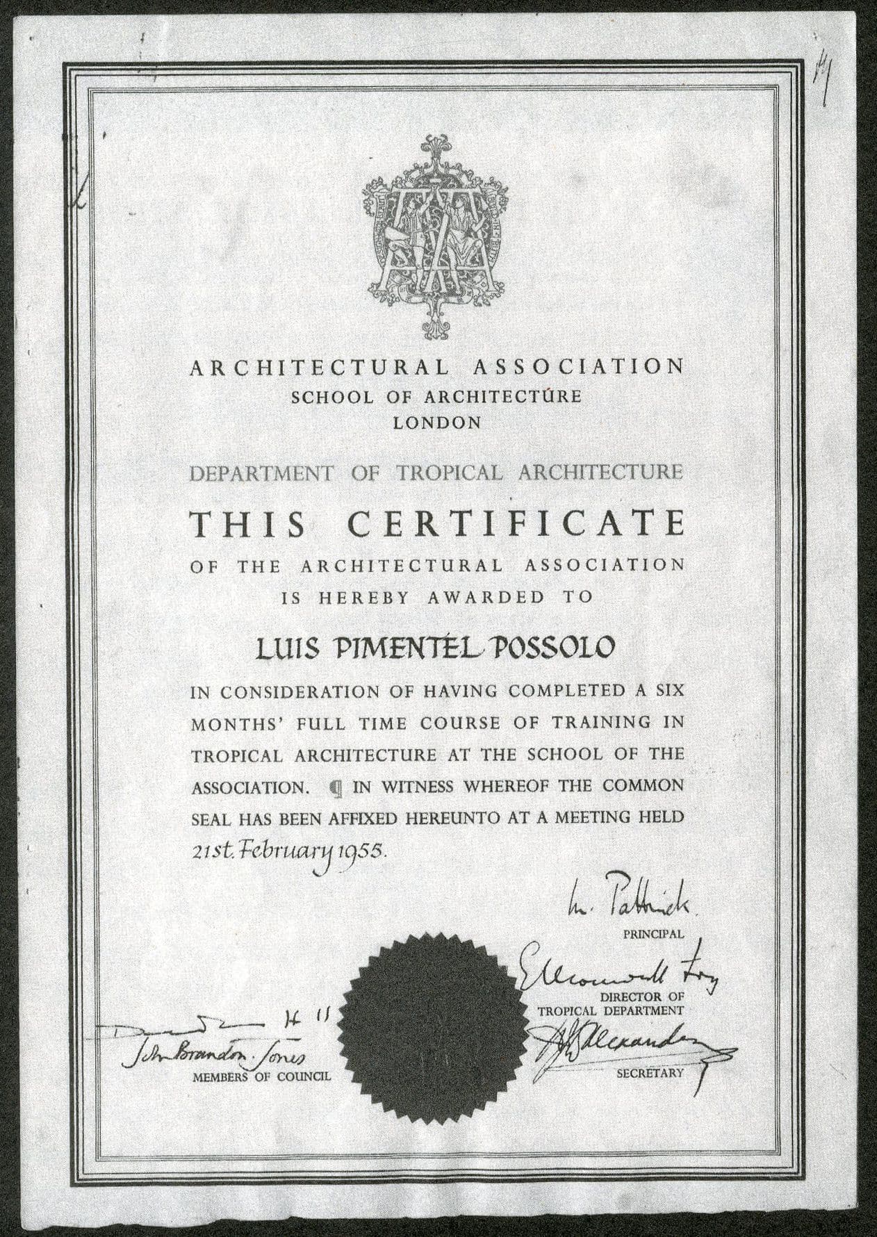 Graduation Certificate for Luis Possolo, AA Department of Tropical Architecture, 1955
