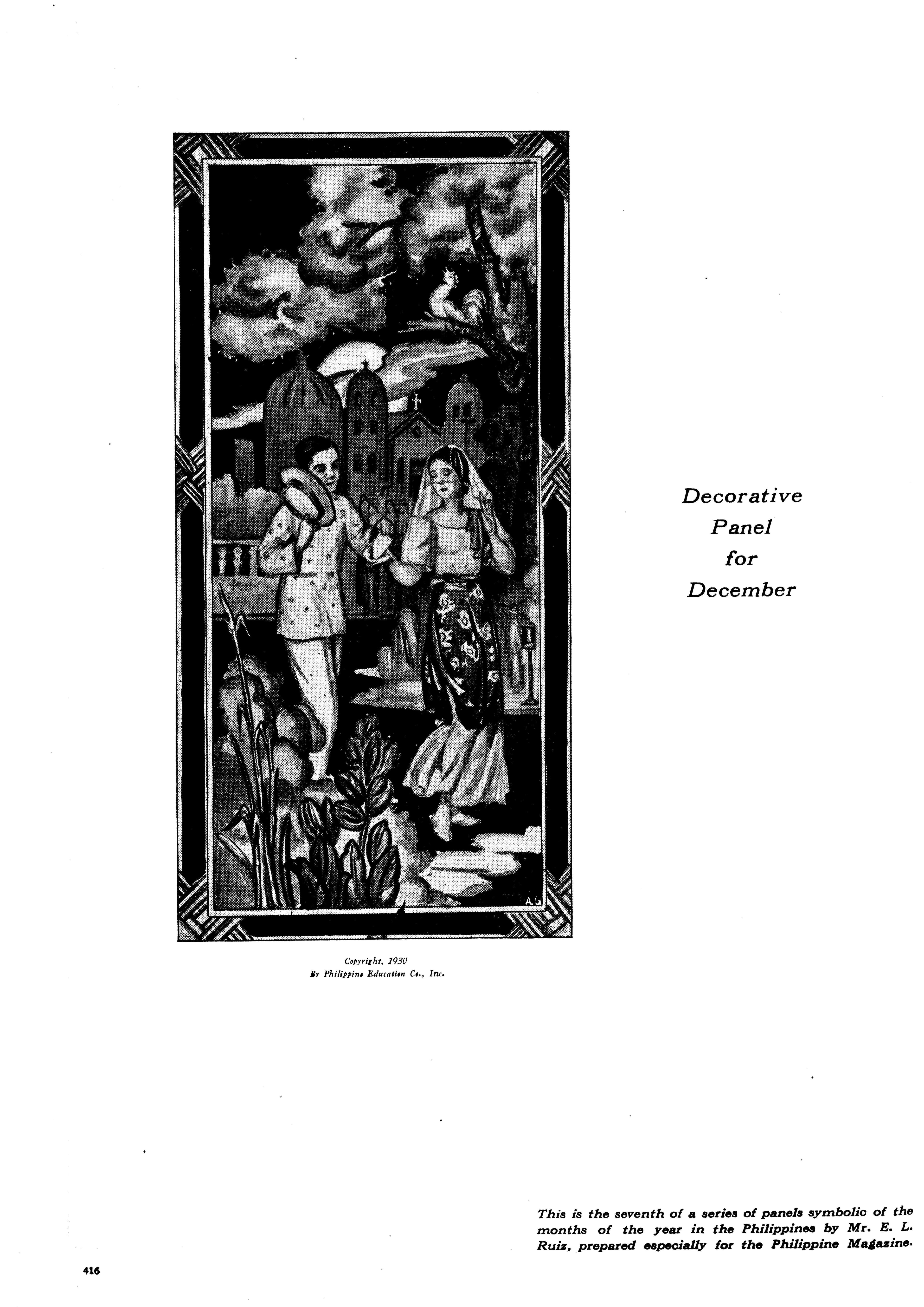 An ornate, vertical, black and white illustration depicting a scene with several figures amidst foliage.