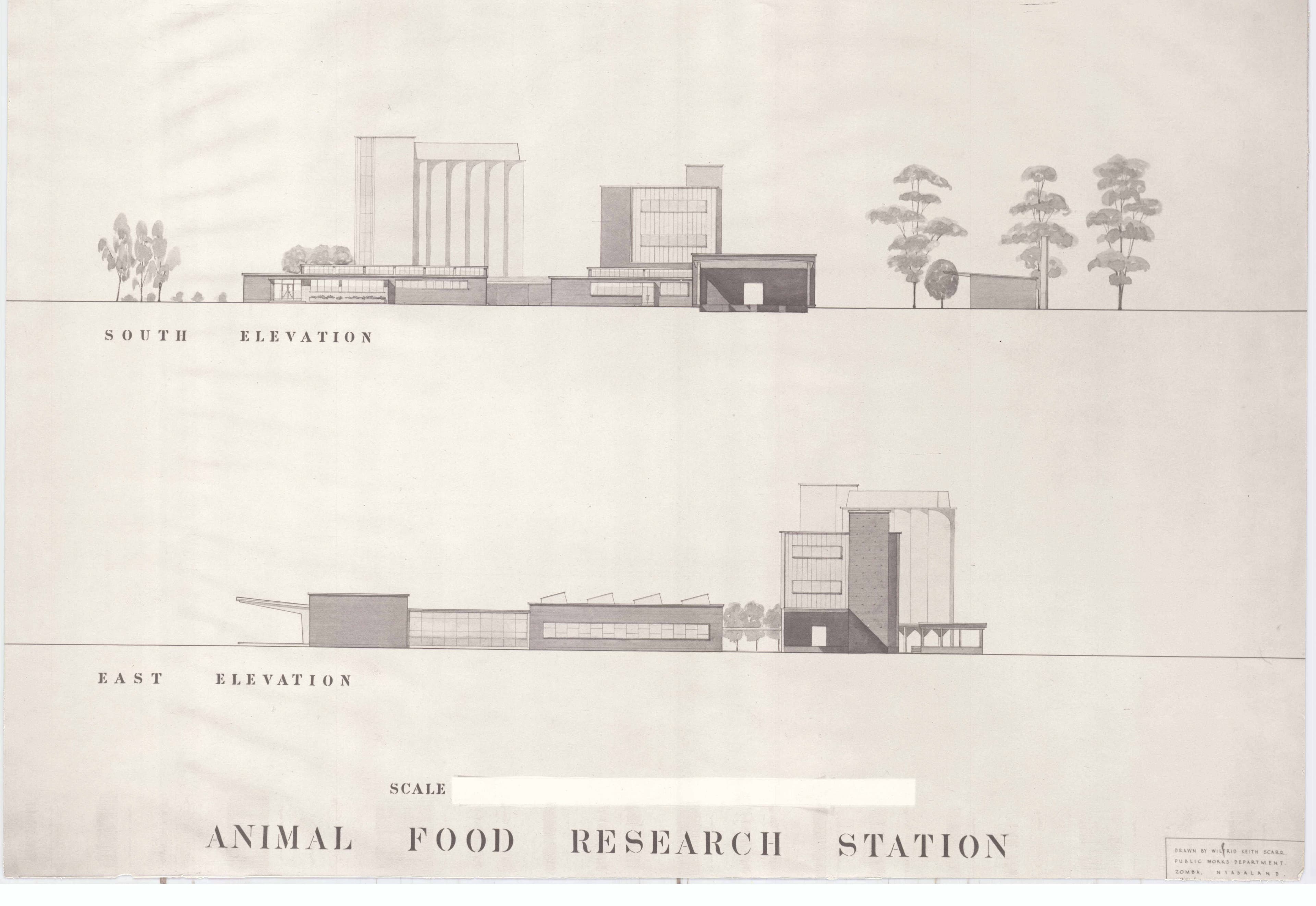 Architectural drawing of the Animal Food Research Station, showing front and base elevations.
