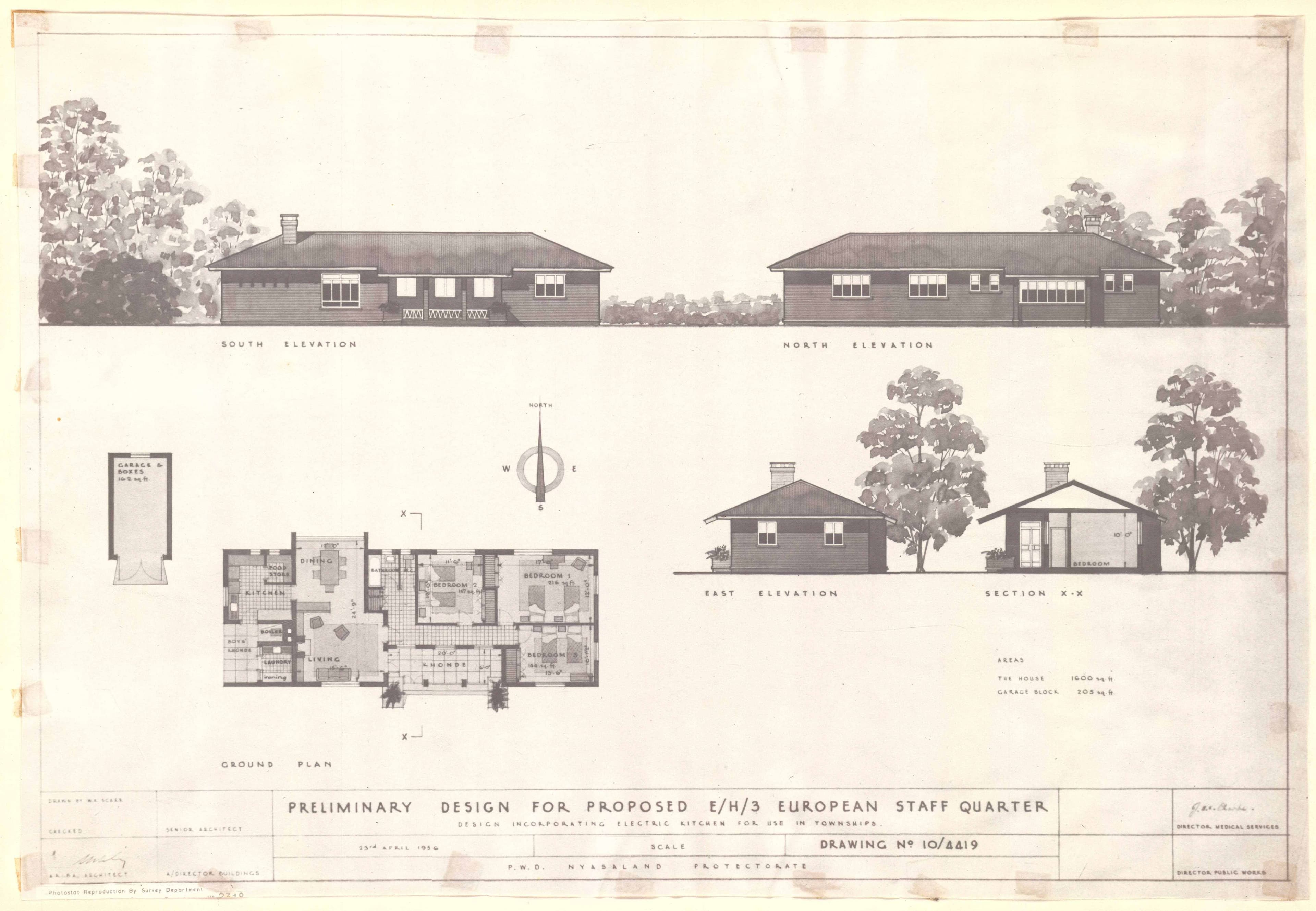 Architectural drawing showing elevations and floor plan of a low-rise building with trees.