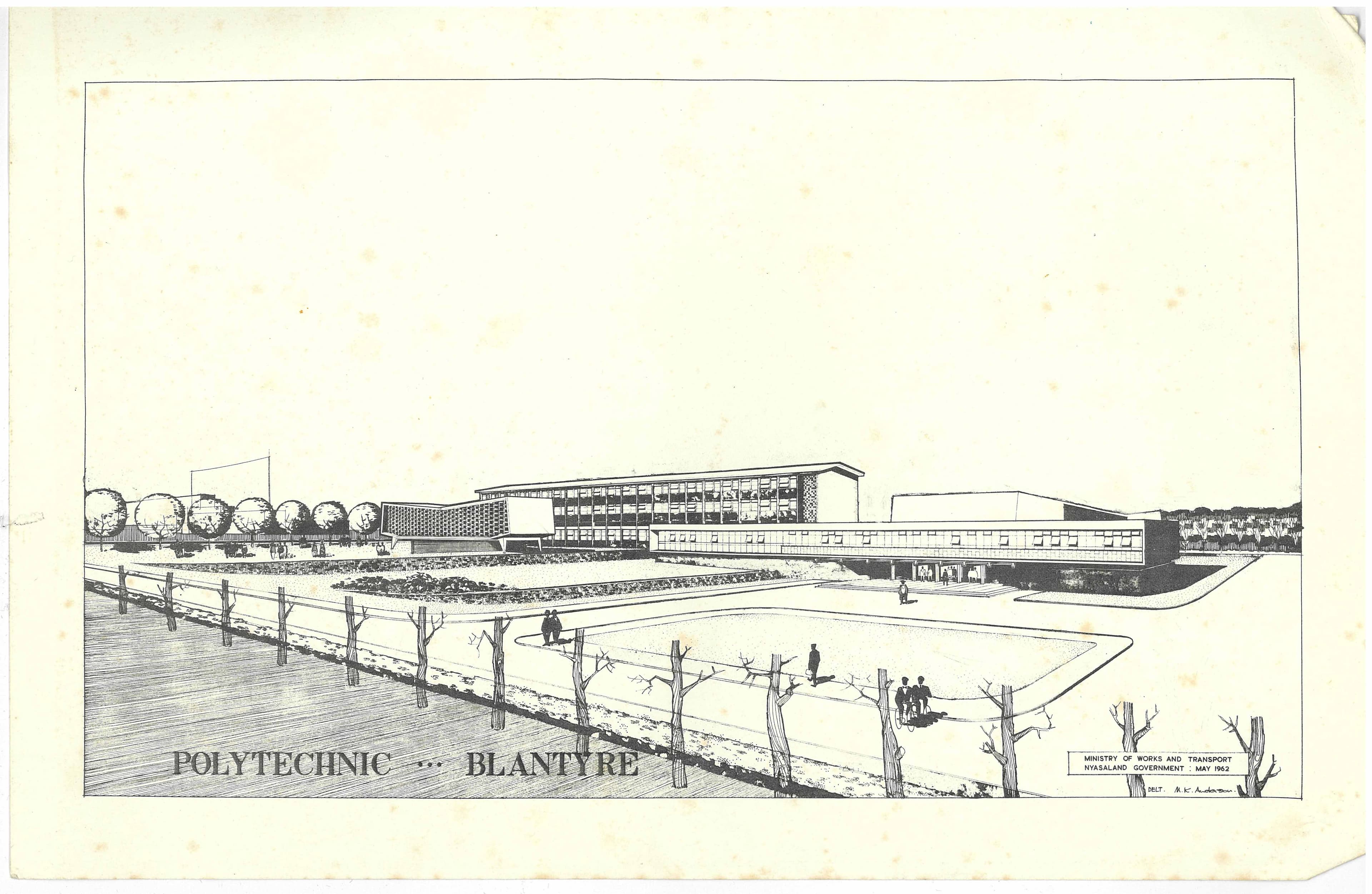 Architectural drawing of the Polytechnic Blancarde building with a walkway and surrounding landscape.