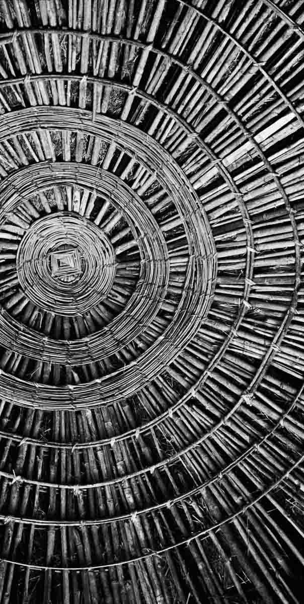 Close-up abstract view of a circular, woven structure creating concentric rings and radiating lines.