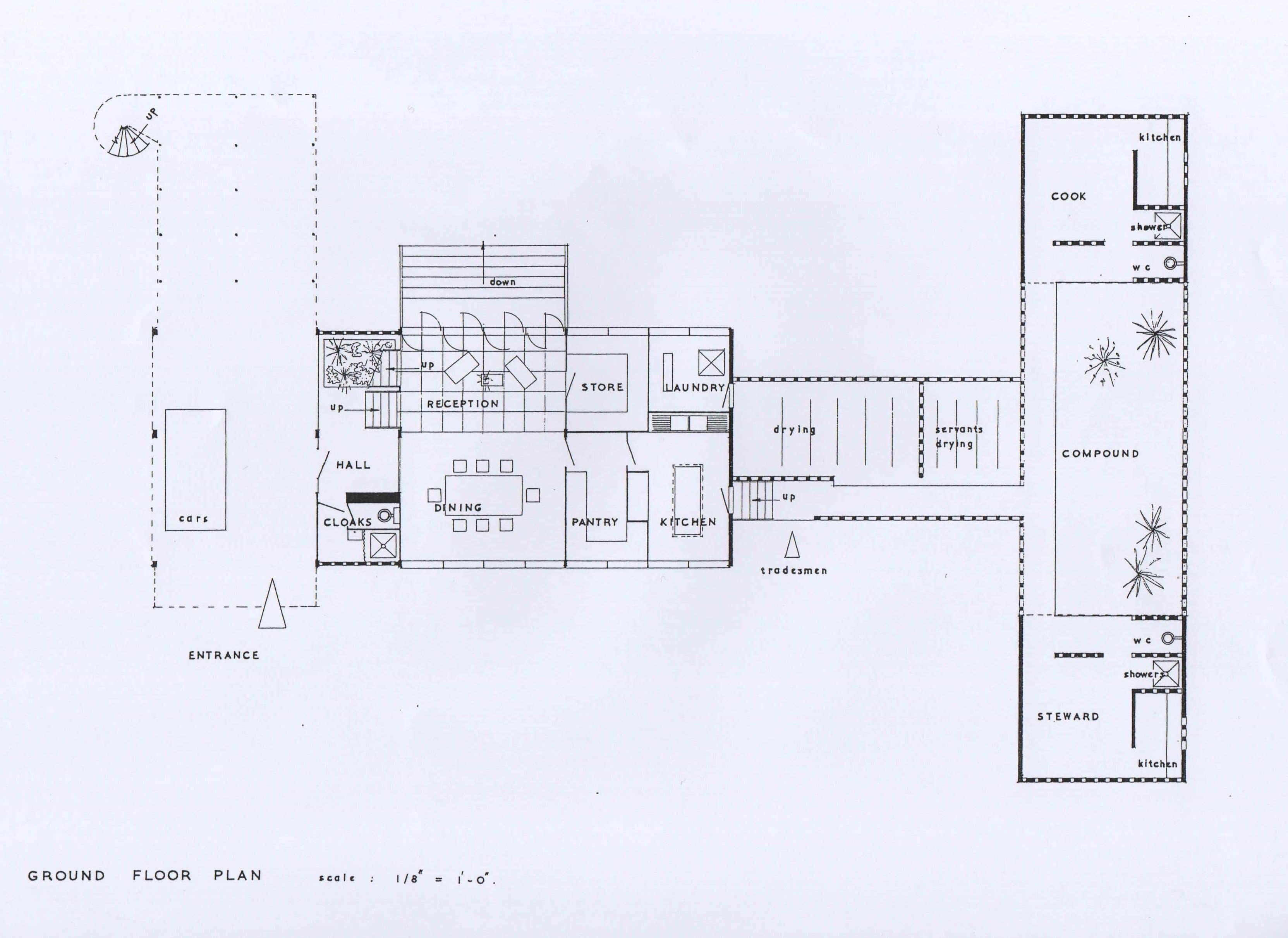 John Steerwood, 'Official's House, Accra, Gold Coast', AA Department of Tropical Architecture, 1954-55. Ground floor plan.