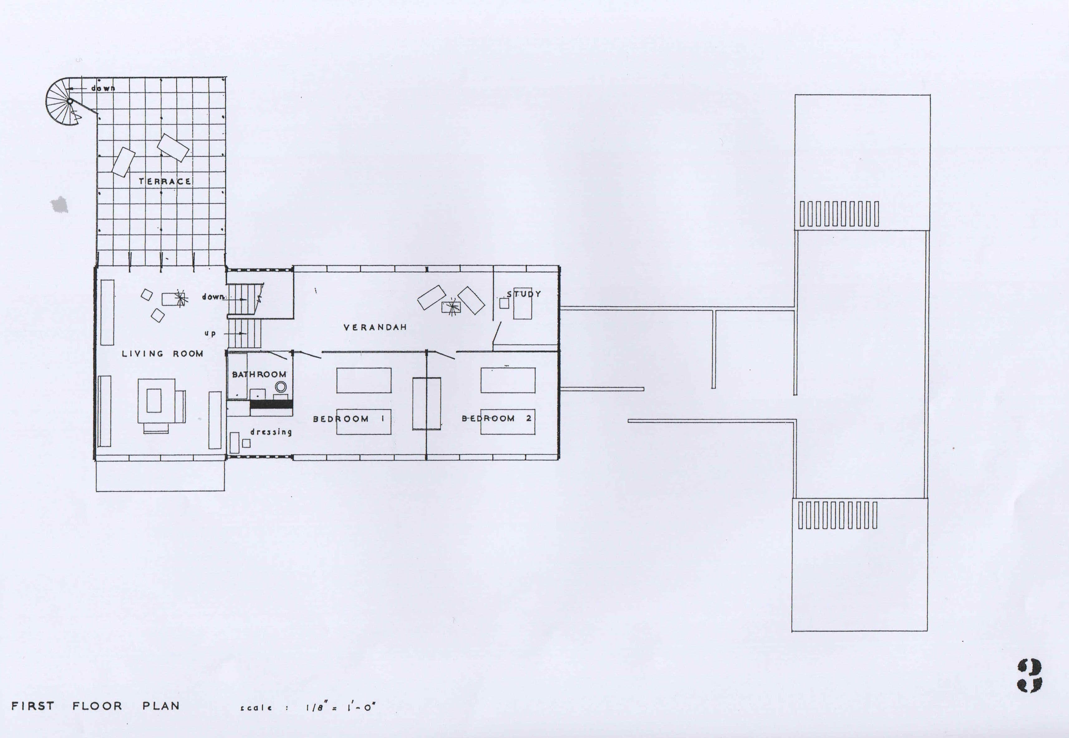 John Steerwood, 'Official's House, Accra, Gold Coast', AA Department of Tropical Architecture, 1954-55. First floor plan.