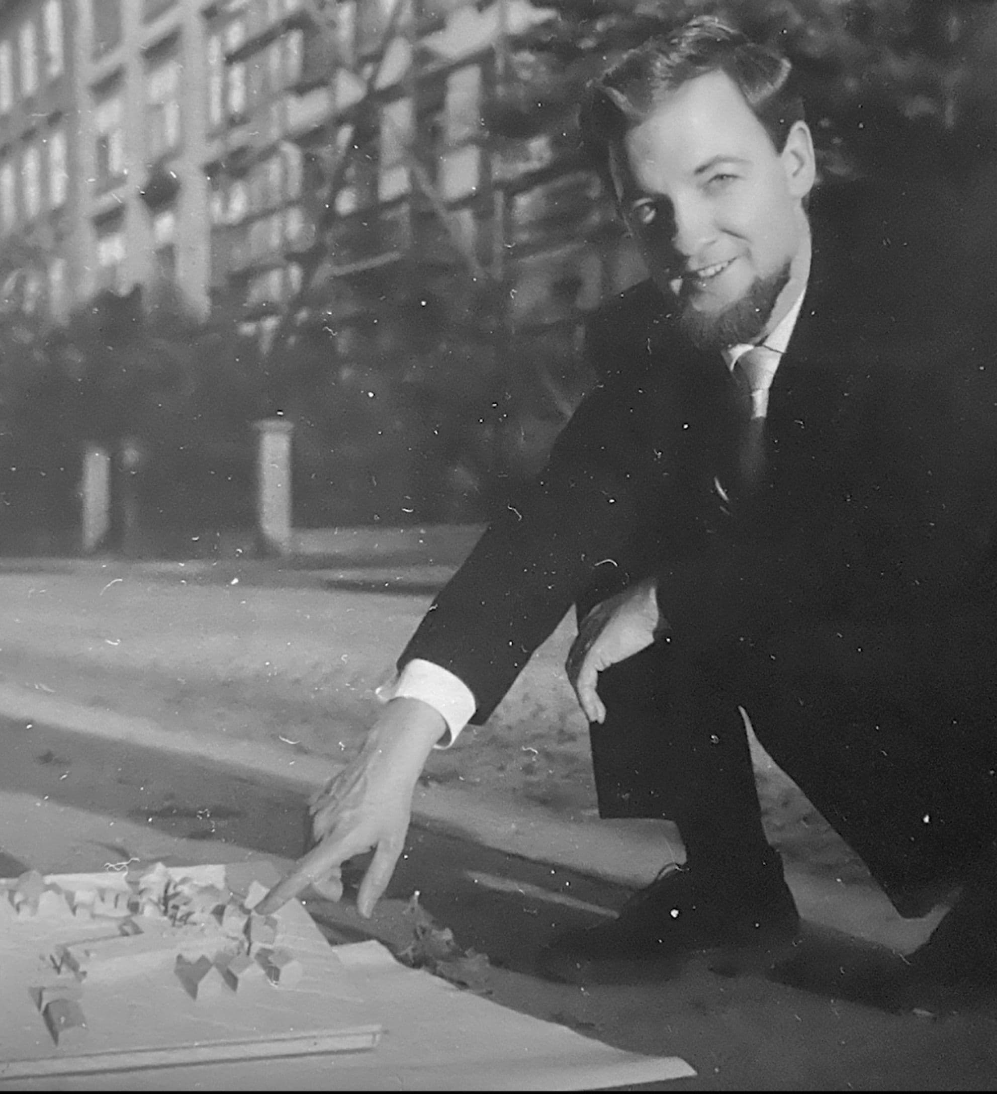 John Steerwood, with unidentified architectural model, 1950s