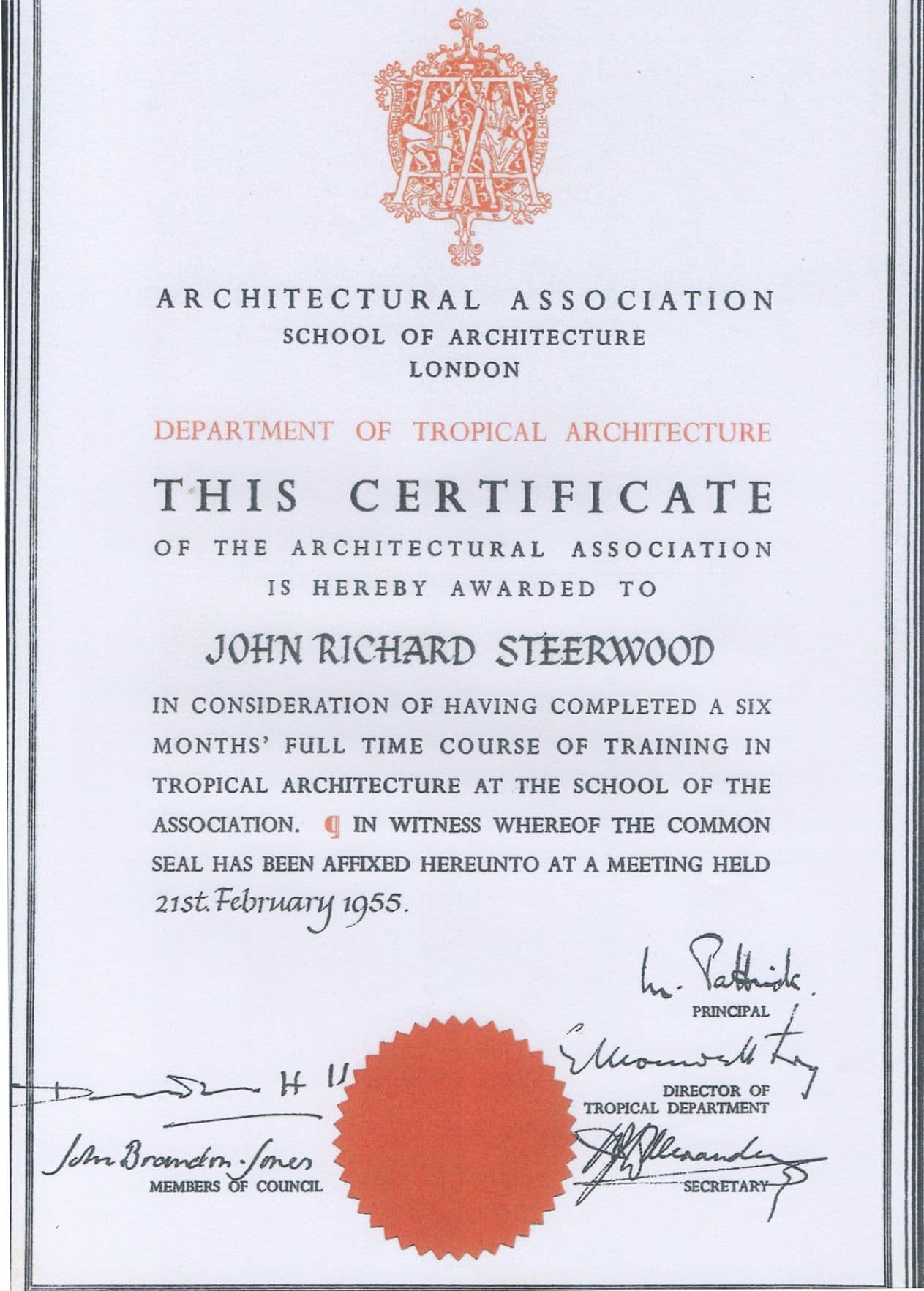 AA Department of Tropical Architecture Certificate awarded to John Steerwood, 1955.