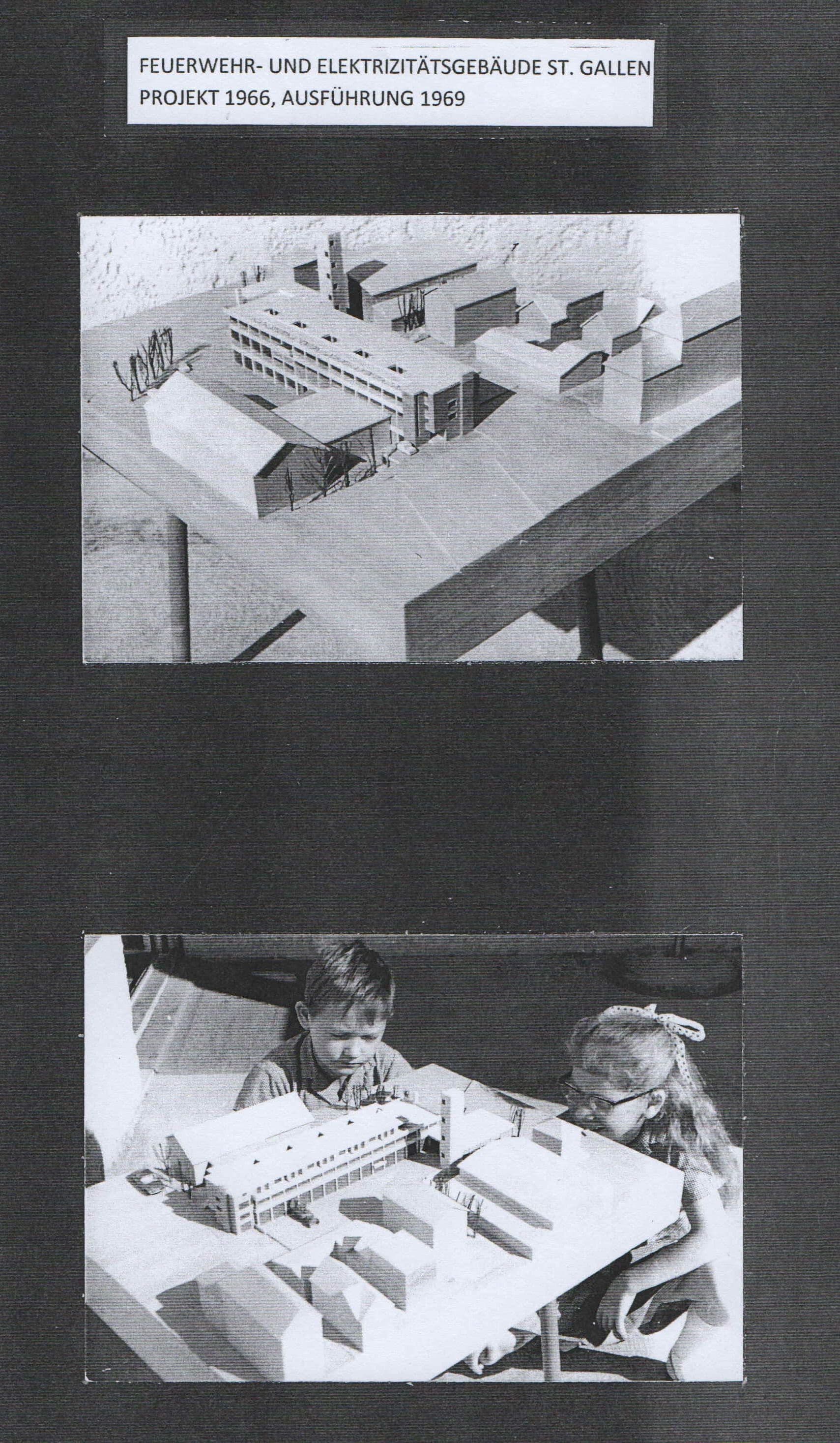 John Steerwood (for Danzeisen + Voser), Fire Department and Electricity building for the city of St. Gallen, Switzerland, 1966-69. Photographs of model.