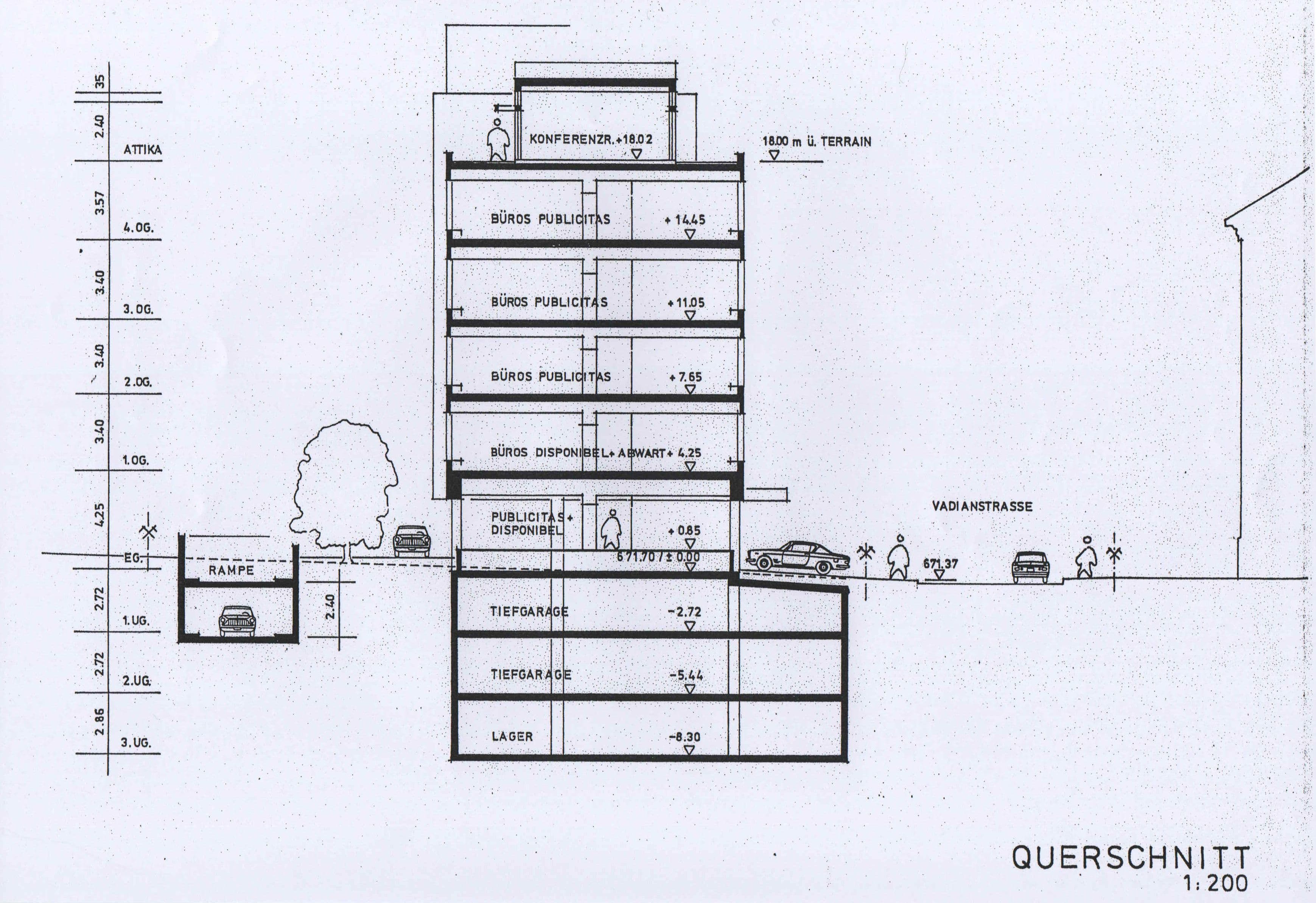 John Steerwood (for Danzeisen + Voser), Publicitas Branch Office, St Gallen, Switzerland, 1979. Section.