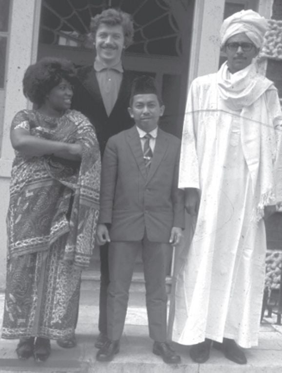 Photograph of E.V.E. Adebayo,  Hartmut Schmetzer, Winant Rooskander and Tagelsir Tambal (left to right), on the steps of the Architectural Association, Bedford Square, London. AA Archives