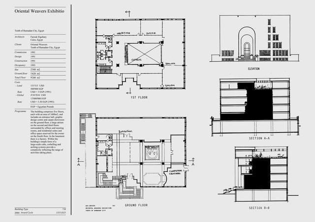 Architectural drawings showing floor plans, sections, and elevation for the Oriental Treasure Museum.