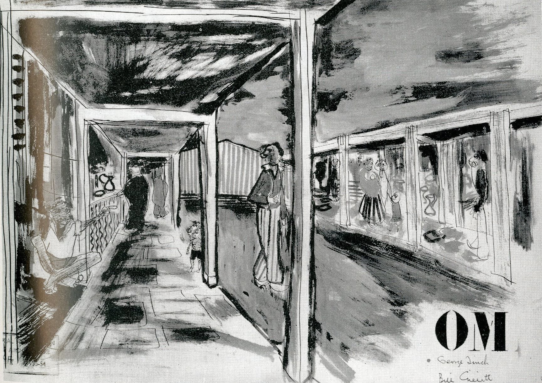 William Gillitt and George Finch, 'Onitsha Market', AA Department of Tropical Architecture, Autumn  Term, 1954. Perspective view. AA Archives.