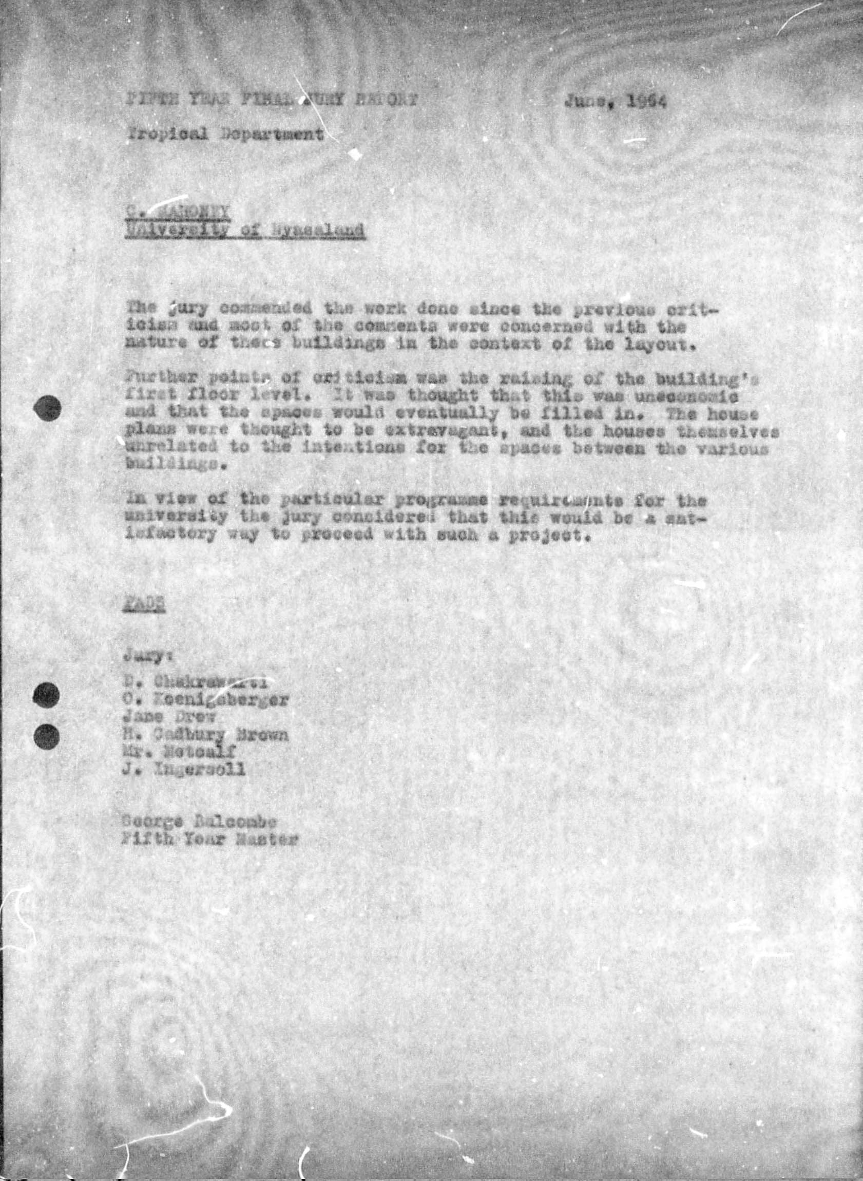 Final Thesis Criticism, Carl Mahoney, 'University, Nyasaland', June, 1964. AA Archives