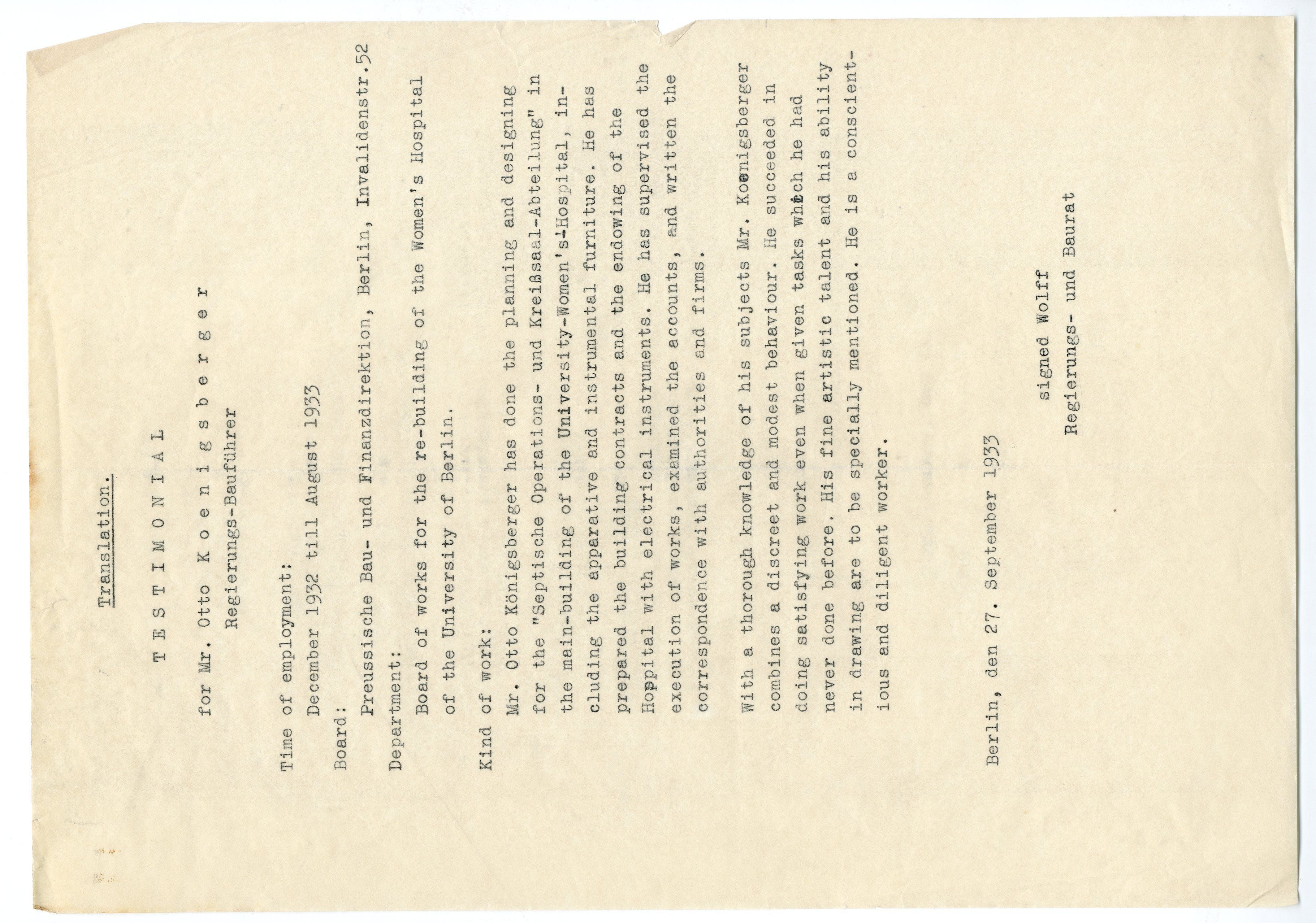 Otto Koenigsberger. Letter of recommendation for Otto Koenigsberger from Heinrich Wolff, September 1933. Credit: AA Archives: OK4