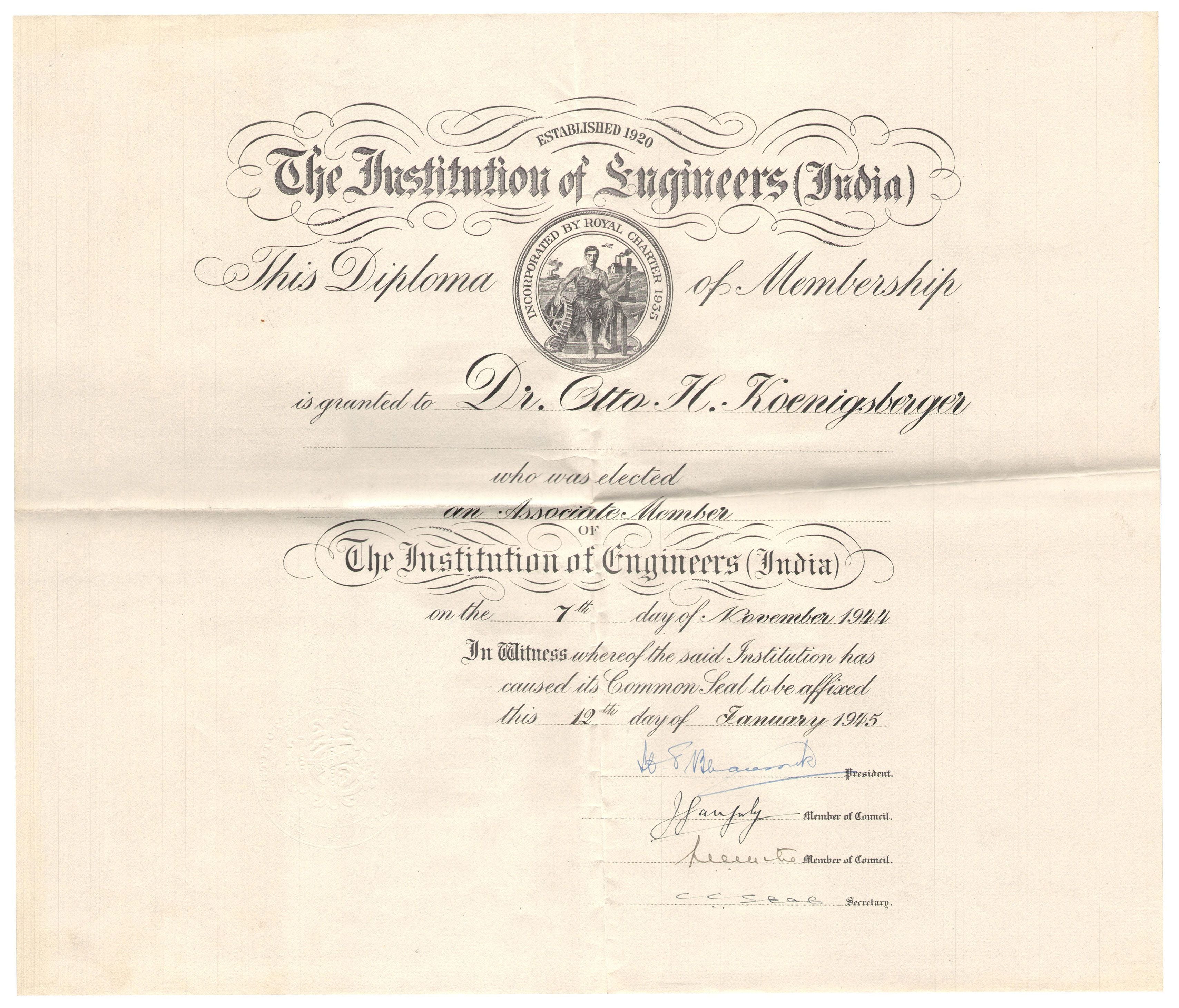 Otto Koenigsberger. Otto Koenigsberger's certificate for Associate Membership of Institute of Engineers (India), 1945. Credit: AA Archives: OK4