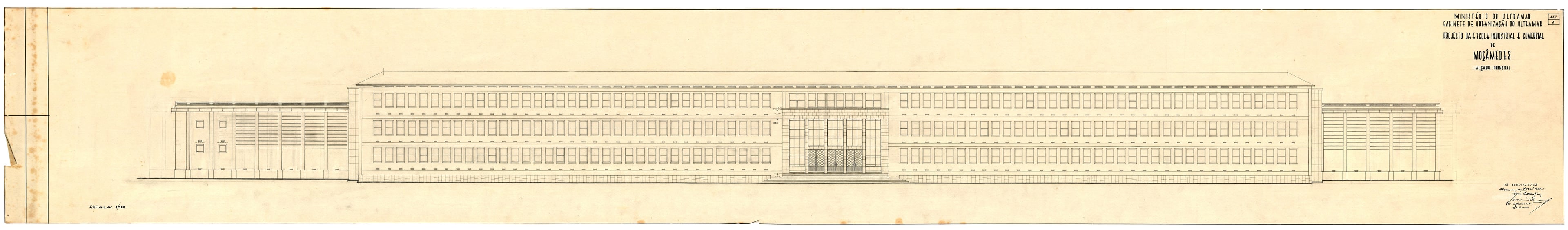 Architectural drawing of a long, symmetrical building with a central entrance.