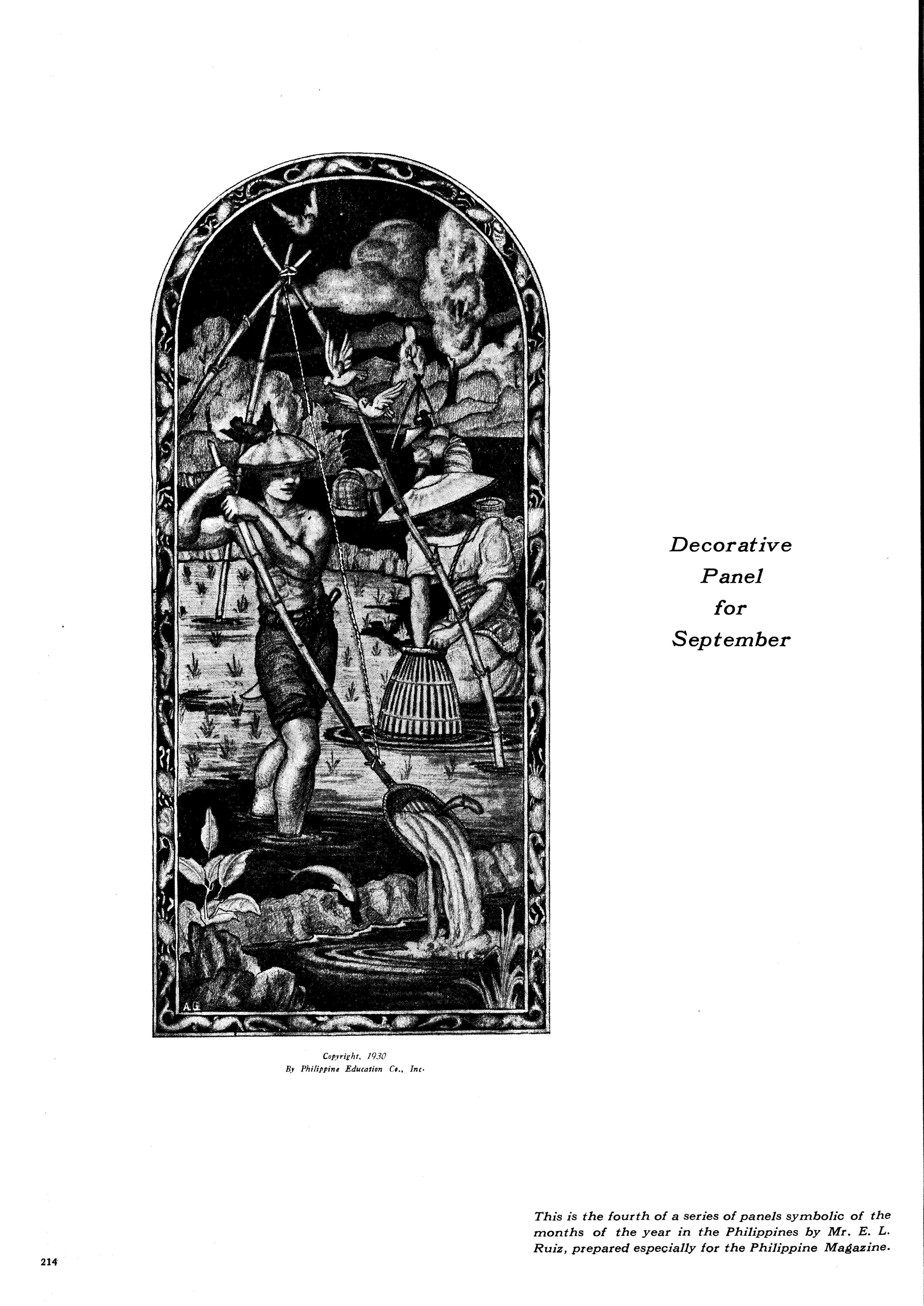 Arched stained glass window depicts a detailed scene with figures working.