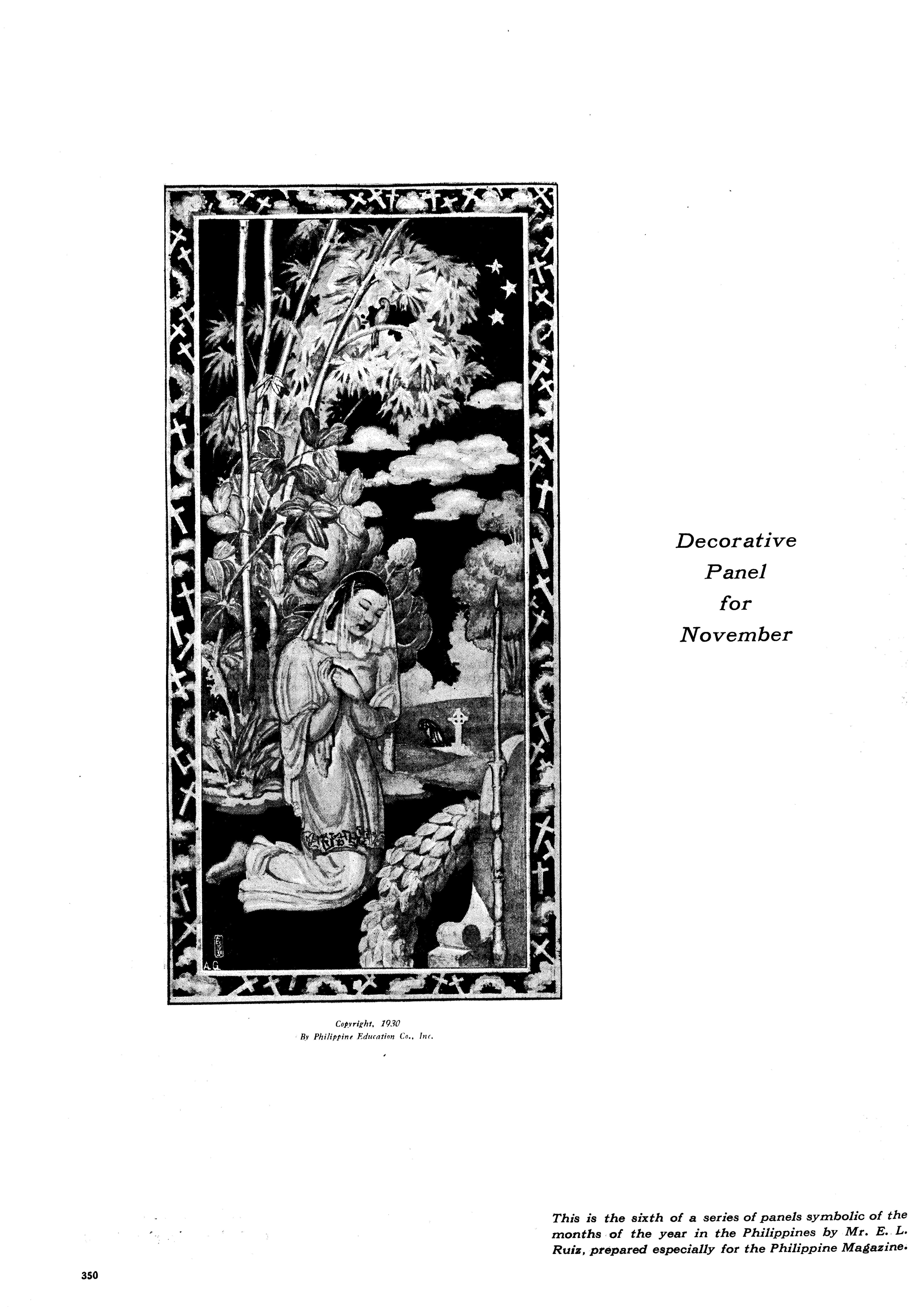 An ornate black and white illustration depicts a person sitting among fantastical plants and creatures.