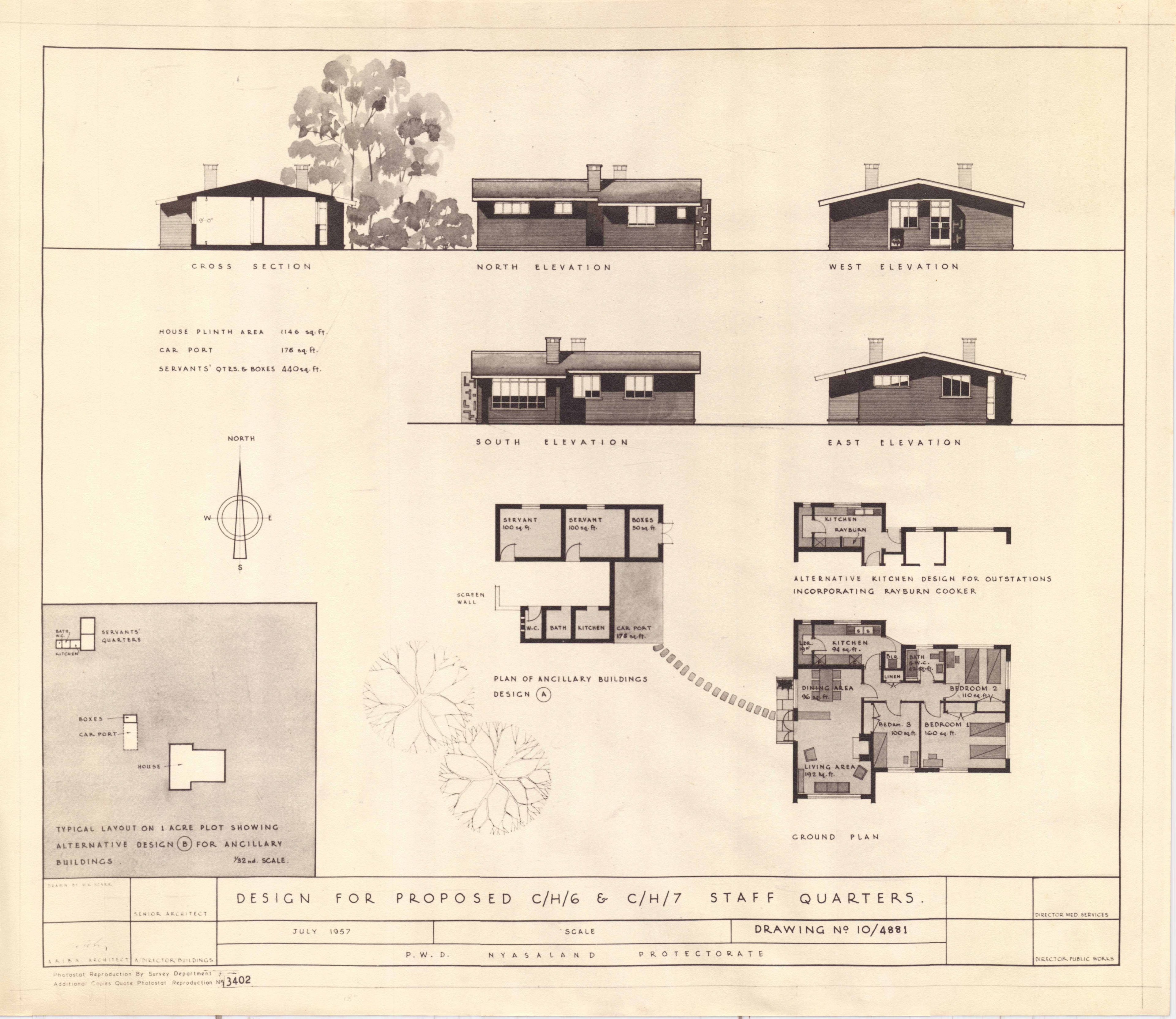 Architectural drawings of a single-story house with various elevations, floor plans, and site layout.