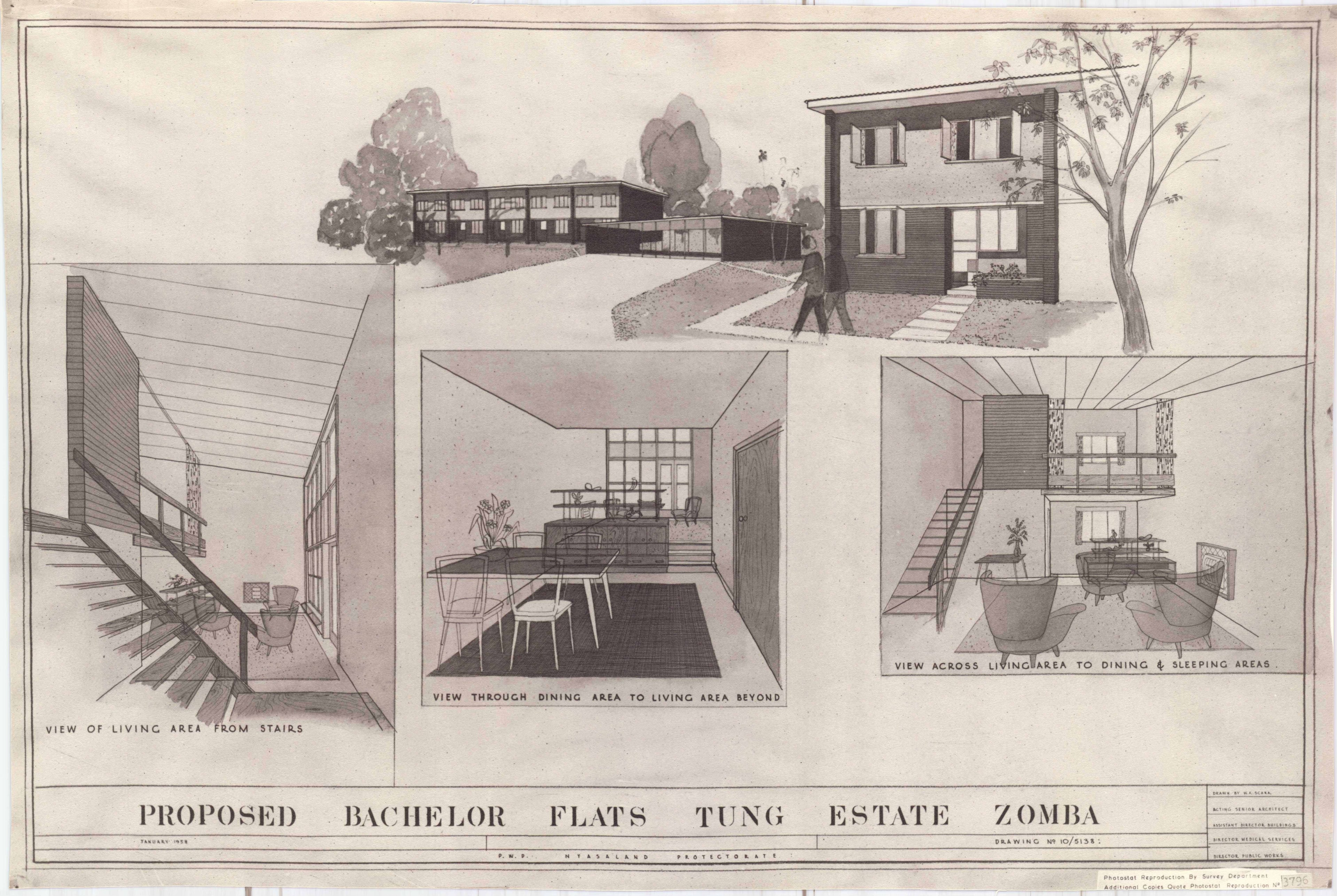 Architectural drawing of proposed bachelor flats in Zomba estate, showing exterior and interior views.
