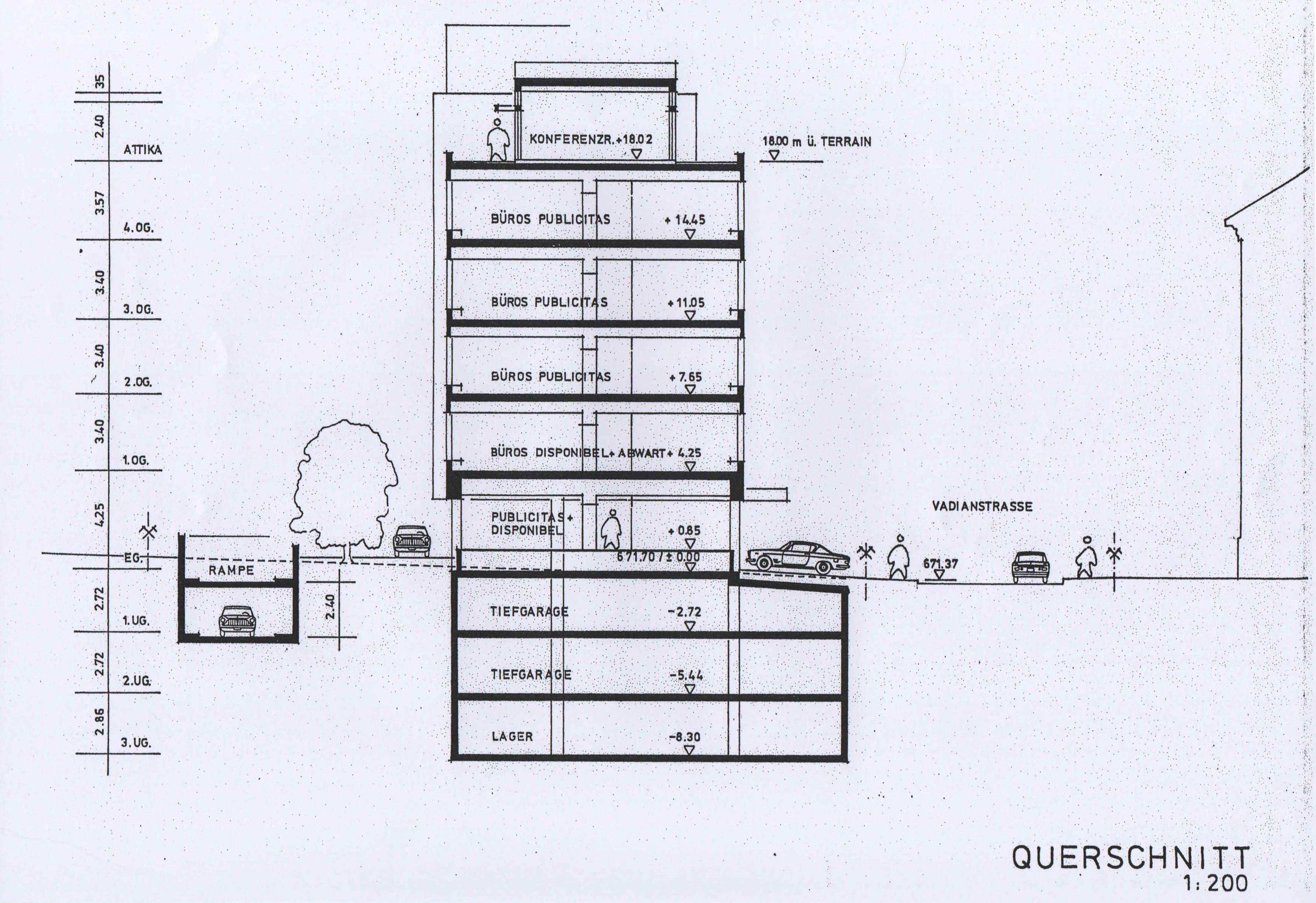John Steerwood (for Danzeisen + Voser), Publicitas Branch Office, St Gallen, Switzerland, 1979. Section.