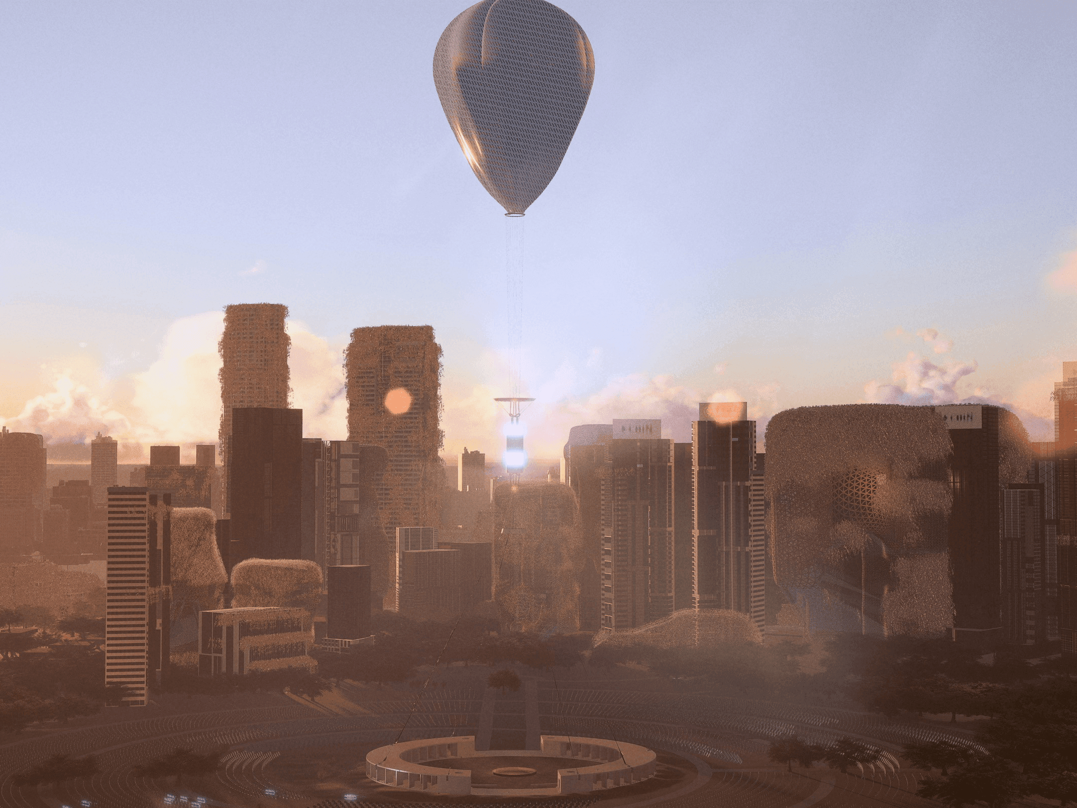 An architectural render of a cityscape with a balloon rising in the centre